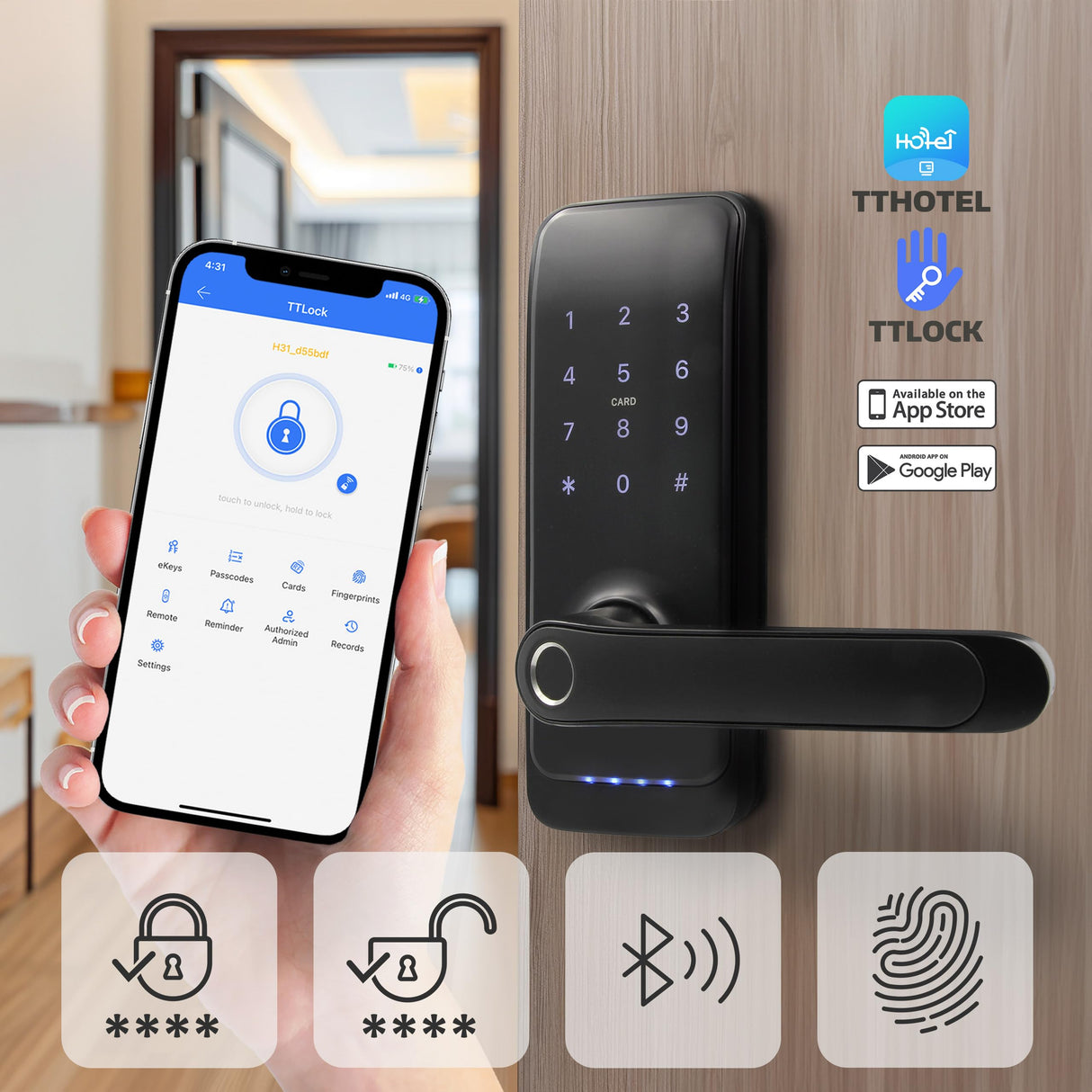 EURA ELH-01H4 Cerradura de puerta inteligente con manija Cerradura de código 13.56MHz Lector de proximidad lector biométrico IP65 Espaciado de cerrojo universal Negro