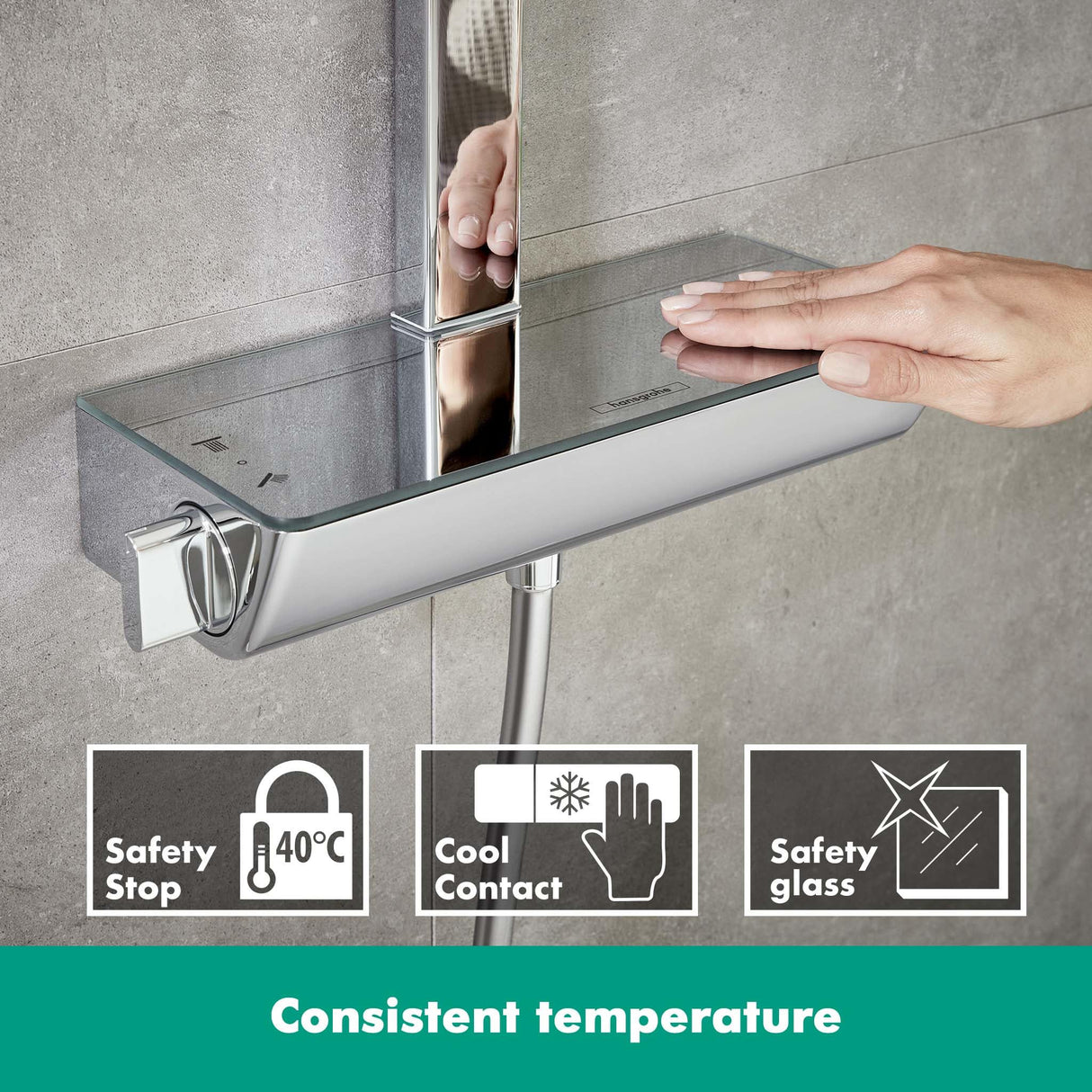 hansgrohe Raindance E - sistema de ducha con termostato, ducha lluvia (360 x 190 mm) con grifo, ducha de mano (2 tipos de chorro), flexo, barra, ducha fija rectangular, cromo, 27112000