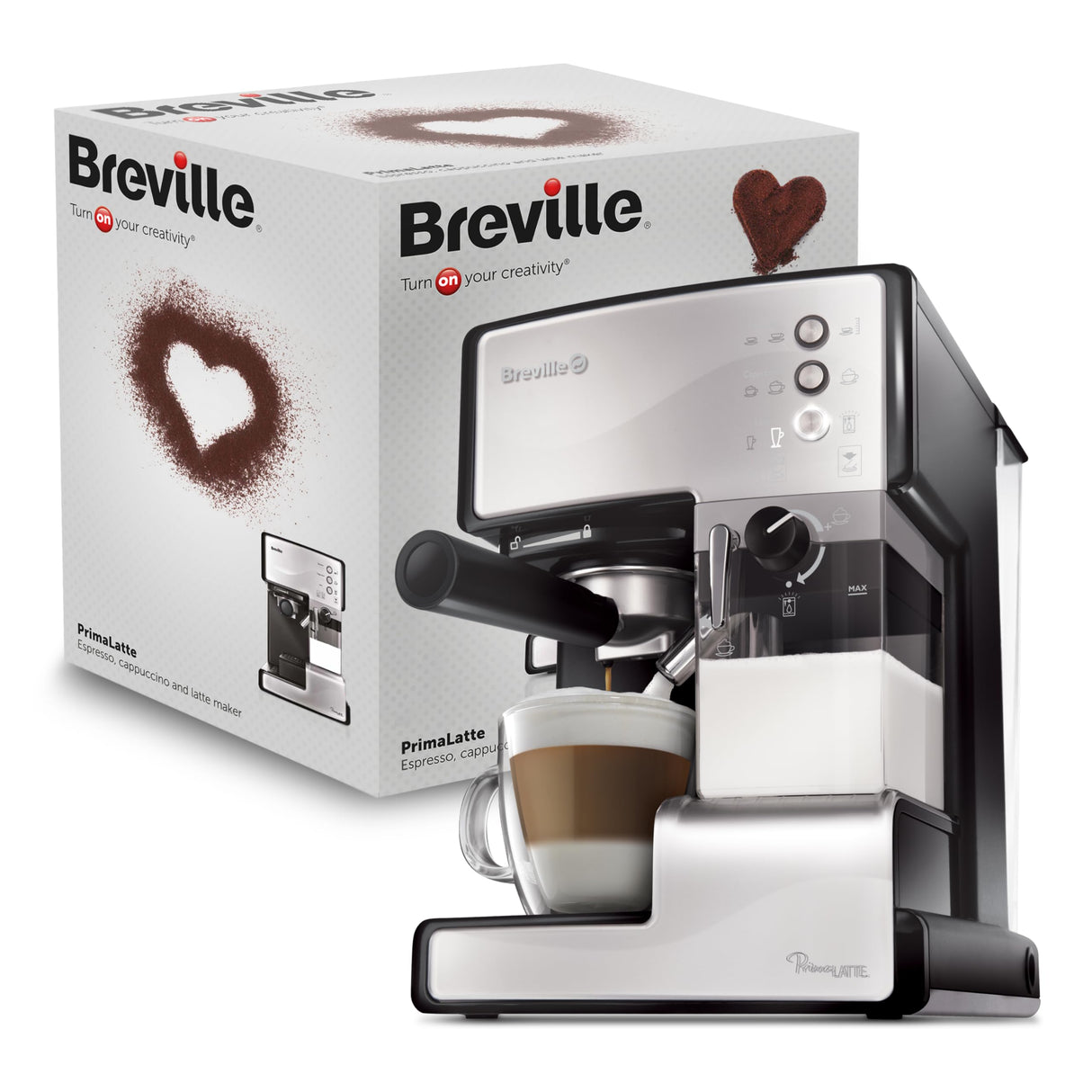 Cafetera para espresso, cappuccino y latte Breville PrimaLatte | Bomba italiana con 15 bar | Adecuado para café molido y monodosis | Depósito para tratamiento de leche integrado | Color Plata