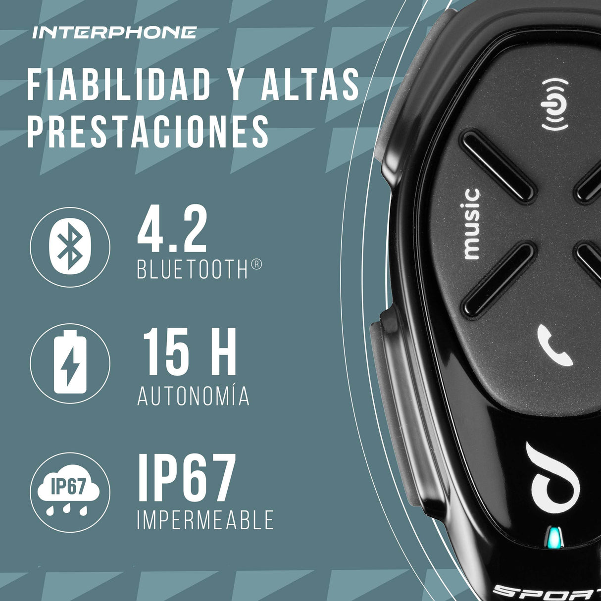 Interphone Sport HD Intercomunicador Casco Moto Individual, para hasta 4 usuarios a 1 km de Distancia, intercomunicador con Bluetooth para GPS y Llamadas, Accesorios Moto con 15 h de autonomía, IP67