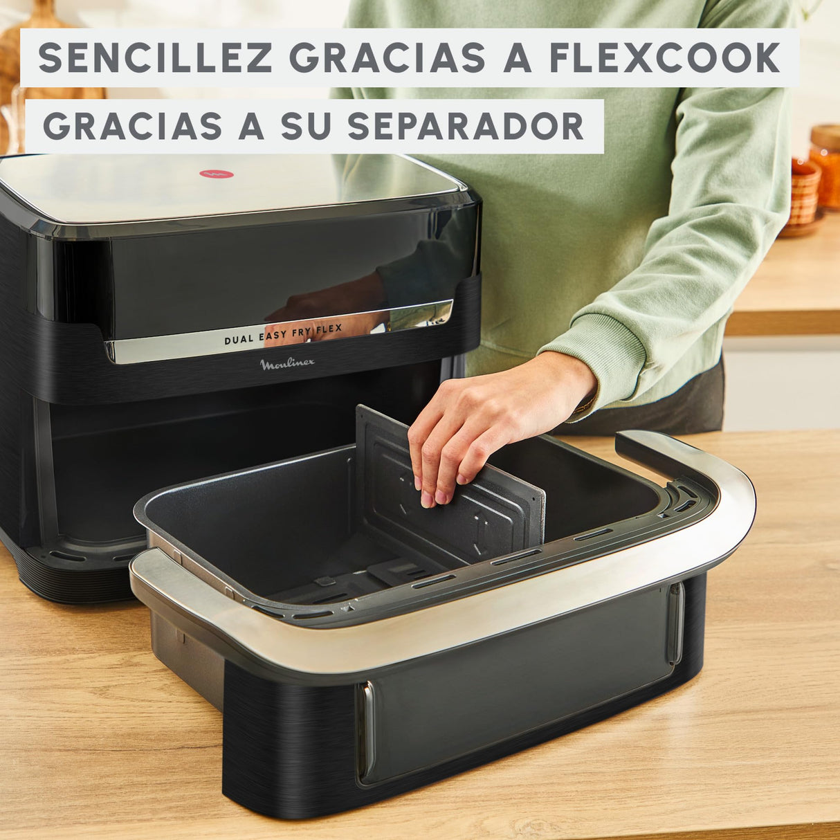 Moulinex Dual Easy Fry Flex, Freidora de aire con separador FlexCook, 9L de Capacidad Para Hasta 8 personas, 7 Programas Preestablecidos, Negro, EZ9228F0