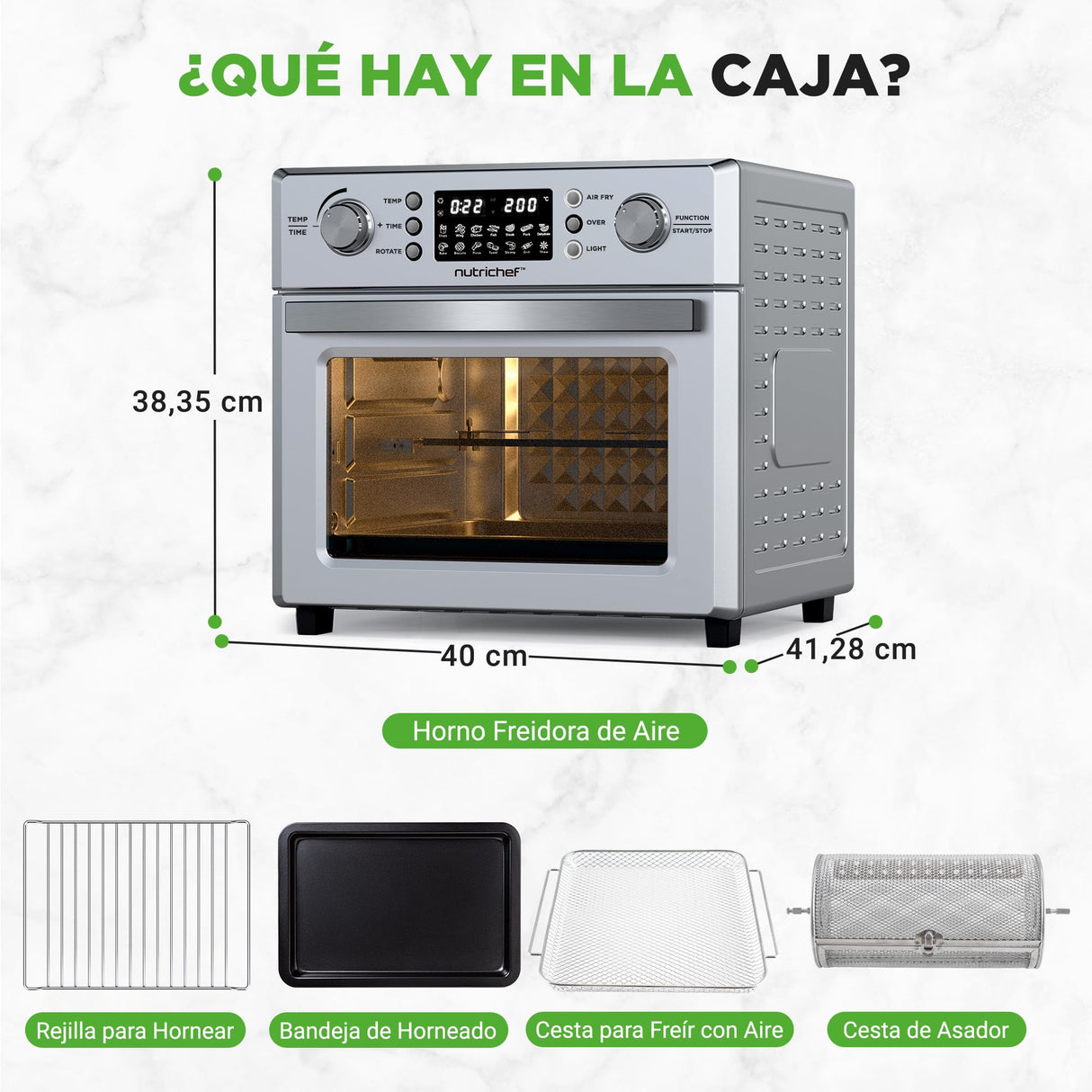 Nutrichef freidora aire, Air fryer, 26L, Horno, Electrico, 10 funciones automaticas, Incluye Bandeja recolectora, canasta para freír y rejilla para hornear