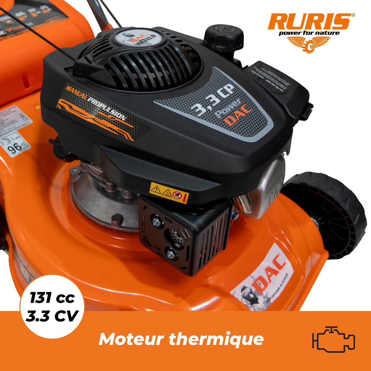 RURIS Césped Térmico DAC 100XLS - Motor 3,3 CV 131 CC - Ancho de Corte 40 cm - Bandeja de Recogida 45 L - Superficie de hasta 1300 m²