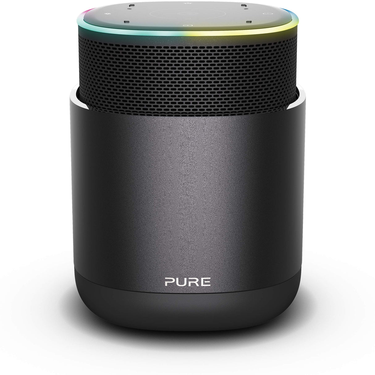 Pure DiscovR Altavoces Bluetooth con Alexa Incorporado, Multiroom, Carga rápida, Sonido de 360 Grados, 15 Horas de duración de la batería, Radio por Internet y privacidad Mejorada Grafito/Negro