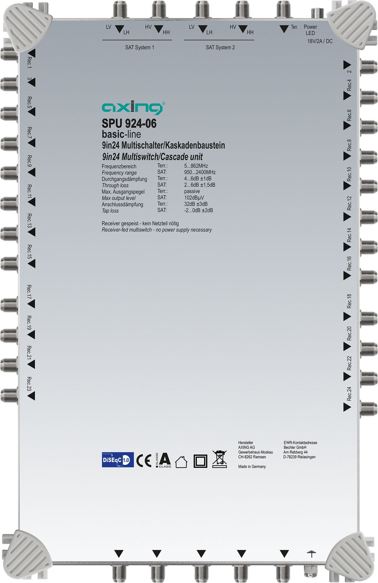 'AXING múltiple 9 en "DiSEqC Multiswitch de Cascada Ampliable Sat Activo Gris Claro
