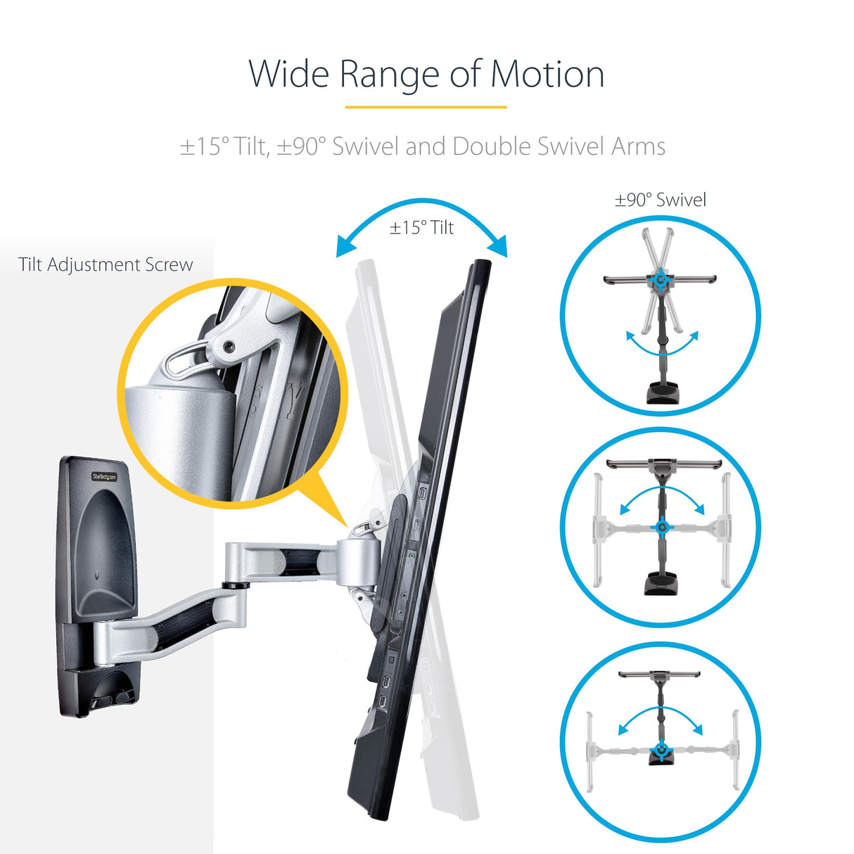 StarTech.com Soporte de Montaje Articulado de Pared para Televisores - Soporte VESA de Pared - Soporta TV Plano o Curvos de 65" o 45kg - Perfil Bajo Retraible - de Esquina (TV-WALL-MOUNT-65FS)