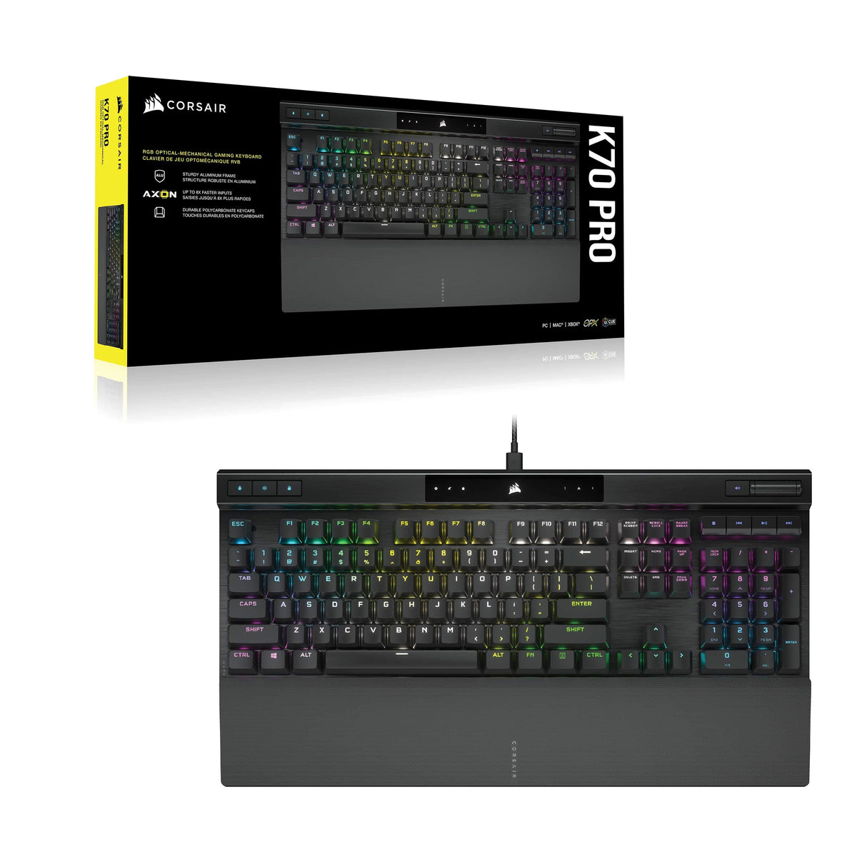 Corsair K70 PRO Teclado para Juegos con Cable Óptico-Mecánico RGB - Interruptores Lineales OPX - Teclados PBT Double-Shot - Compatible con iCUE - QWERTY ES - PC, Xbox - Negro