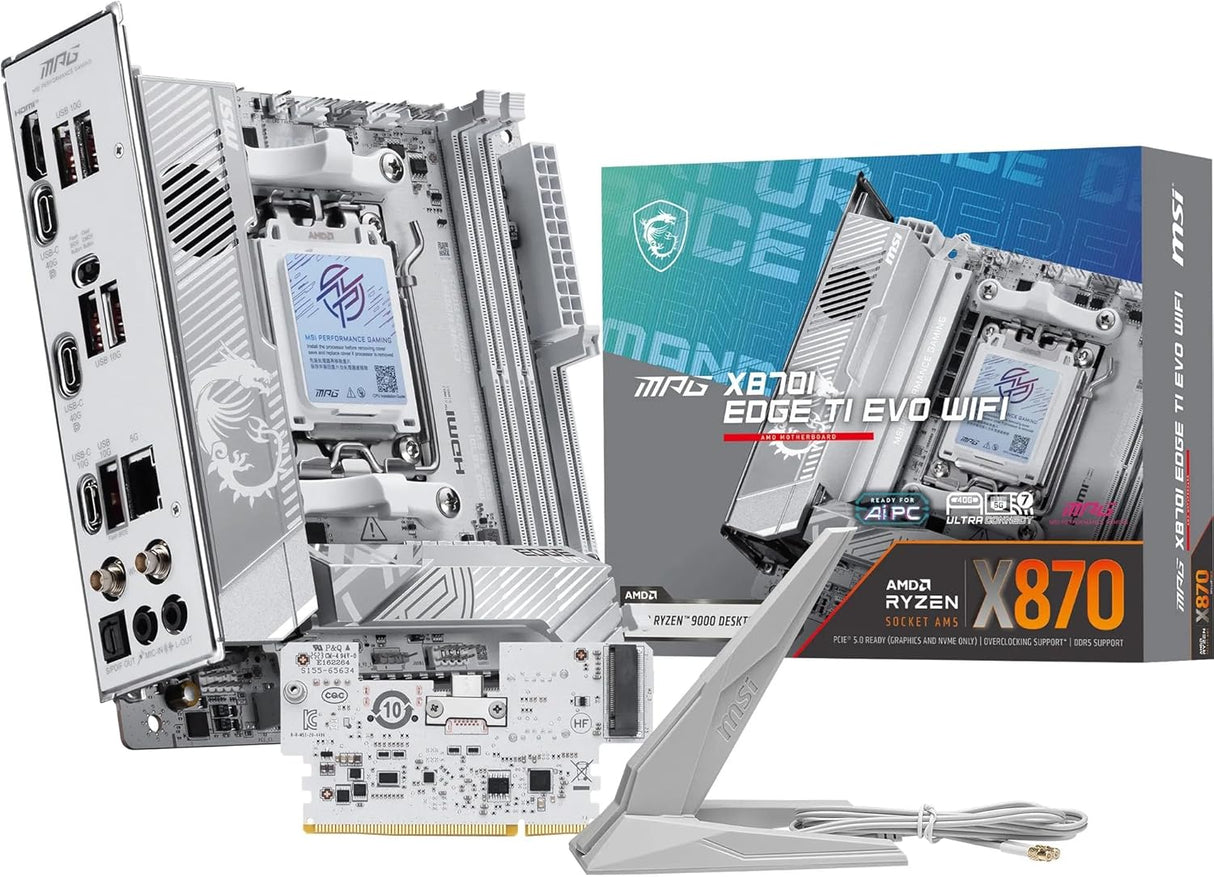 MSI MPG X870I Edge TI EVO WiFi Placa Base, ATX – Soporta procesadores AMD Ryzen 9000/8000/7000, AM5-110A SPS VRM, DDR5 Memory Boost (hasta 10000+MT/s OC), PCIe 5.0 x16, M.2 Gen5, Wi-Fi 7, 5G LAN