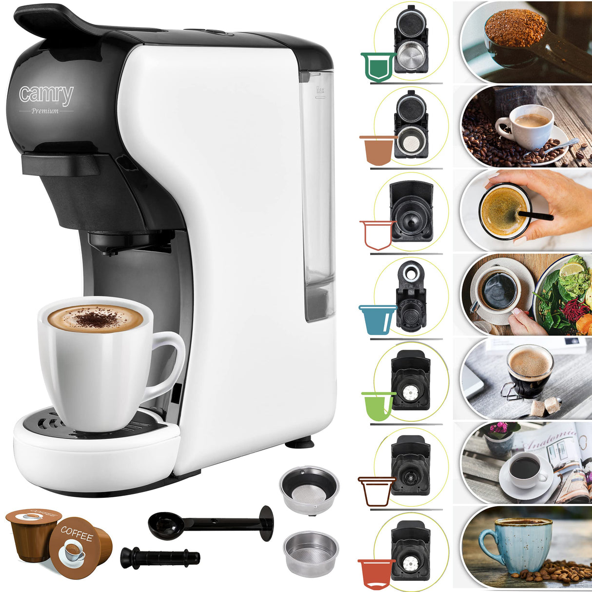 Camry ADLER Máquina de café espresso multicápsulas, 9 opciones de café, depósito de agua de 0,6 litros
