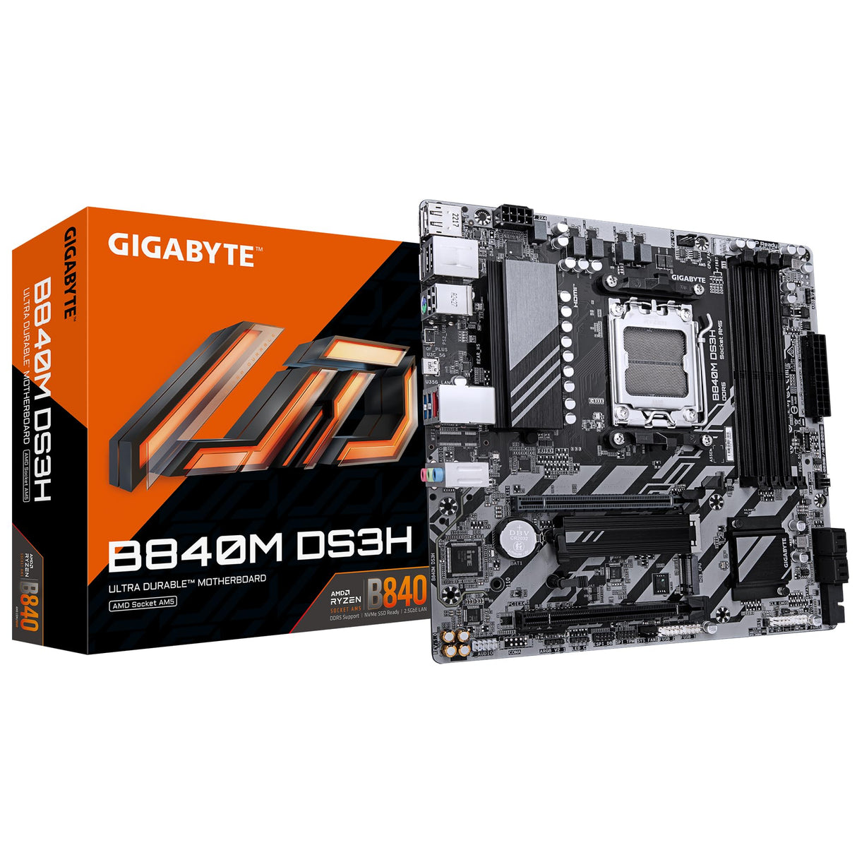 GIGABYTE B840M DS3H Placa Base - Procesadores AMD Ryzen 9000, VRM de 8+2+2 Fases, hasta 8200 MHz DDR5, 2xPCIe 4.0 M.2, LAN 2.5GbE, USB 3.2 Gen 1