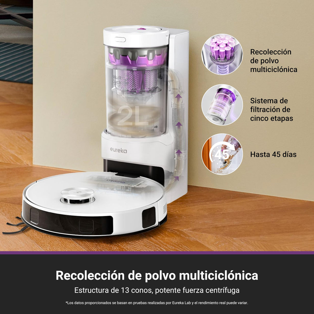 Eureka E20 EVO Plus Robot Aspirador y Fregasuelos 10000 Pa con Base Autovaciado, Navegación Láser, Duración de Batería 180 Min, Aspiradora Inteligente Antienredo para Suelos Duros, Alfombras, Pelo