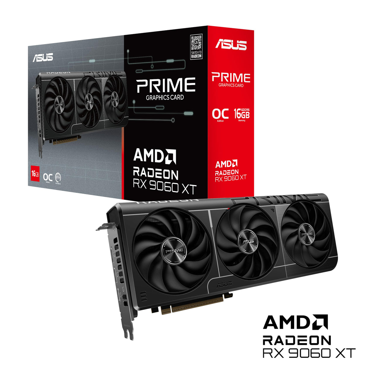 ASUS Prime Radeon RX 9060 XT 16 GB GDDR6 OC Edition, Tarjeta gráfica, PCIe 5.0, HDMI/DP 2.1, diseño de 2.5 Ranuras, Ventiladores Axial-Tech, rodamientos de Doble Bola, Doble BIOS, GPU Guard