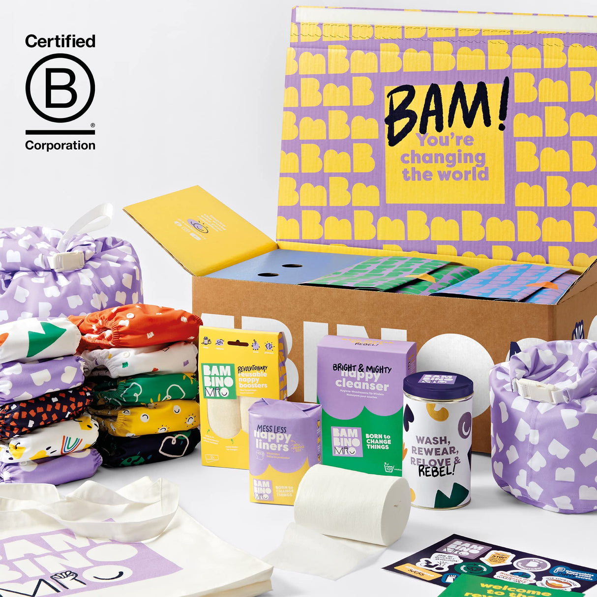 Bambino Mio, Juego de pañales reutilizables The Changemaker, 20 pañales, forros, refuerzos, bolsas húmedas y limpiador (Bold)
