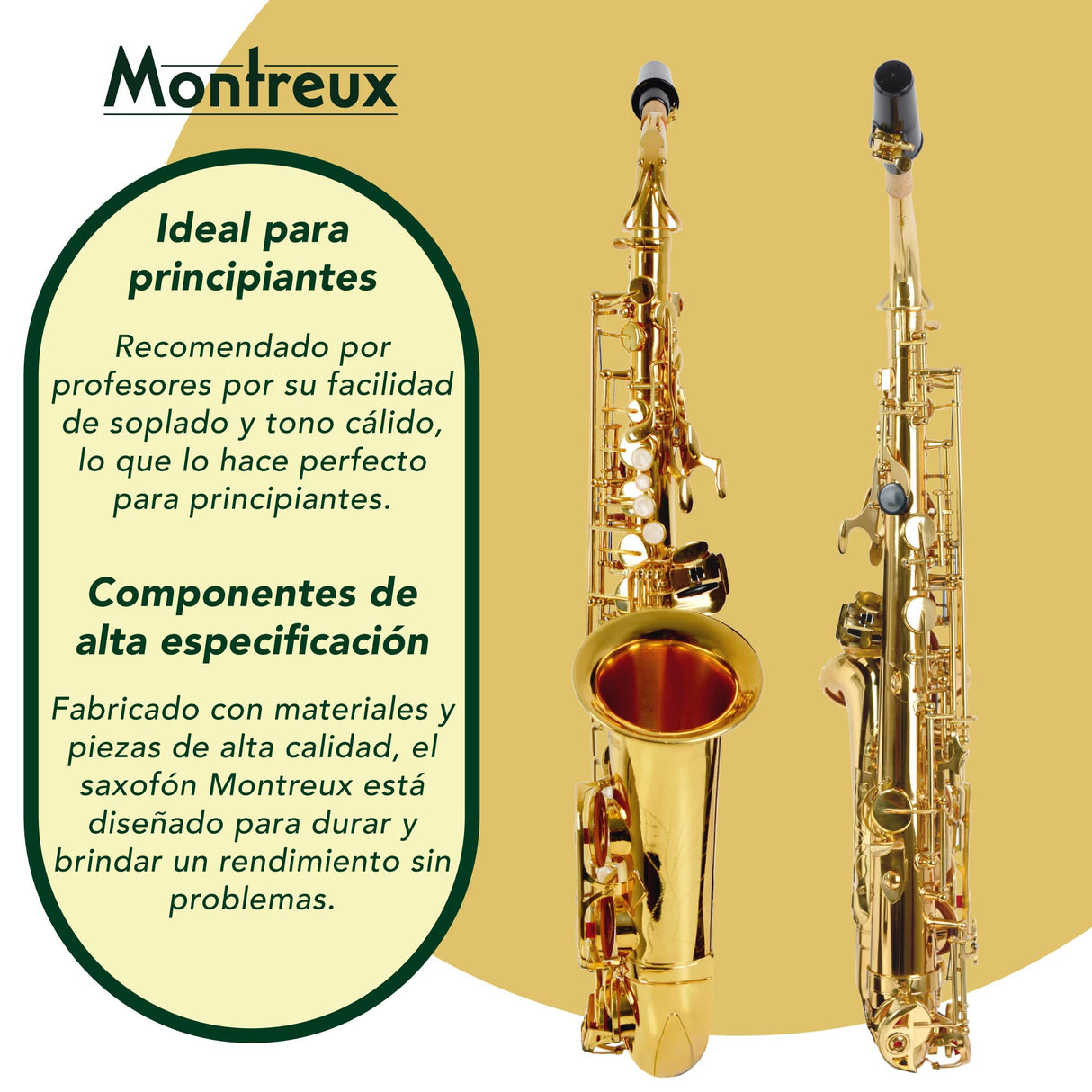 Montreux Student Eb Alto Saxofon Para Principiantes Con Estuche De Transporte Protector Ligero, Boquilla, Caña, Honda, Ahorro De Almo