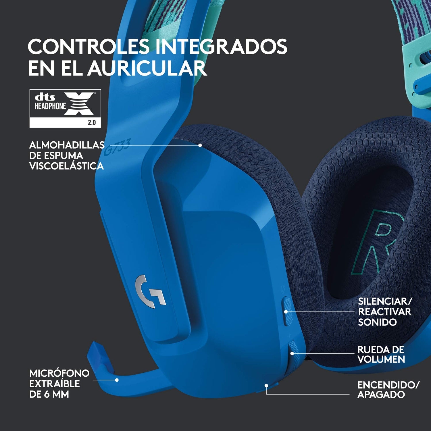 Logitech G733 LIGHTSPEED Auriculares con Micrófono Inalámbricos para Gaming con Diadema con Suspensión, LIGHTSYNC RGB, Tecnología de Micrófono Blue VO!CE, Ligeros, 29h de Batería, PC, PS4, PS5, Azul