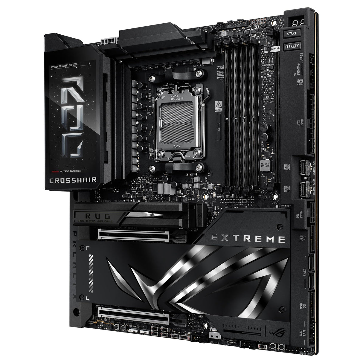 ASUS ROG Crosshair X870E Extreme - Placa Base AMD E-ATX, 20+2+2 etapas de Potencia, DDR5, PCIe 5.0 Compatible con GPU de próxima generación, Cinco M.2, Wi-Fi 7, ASUS AI Advisor, LCD de 5 Pulgadas