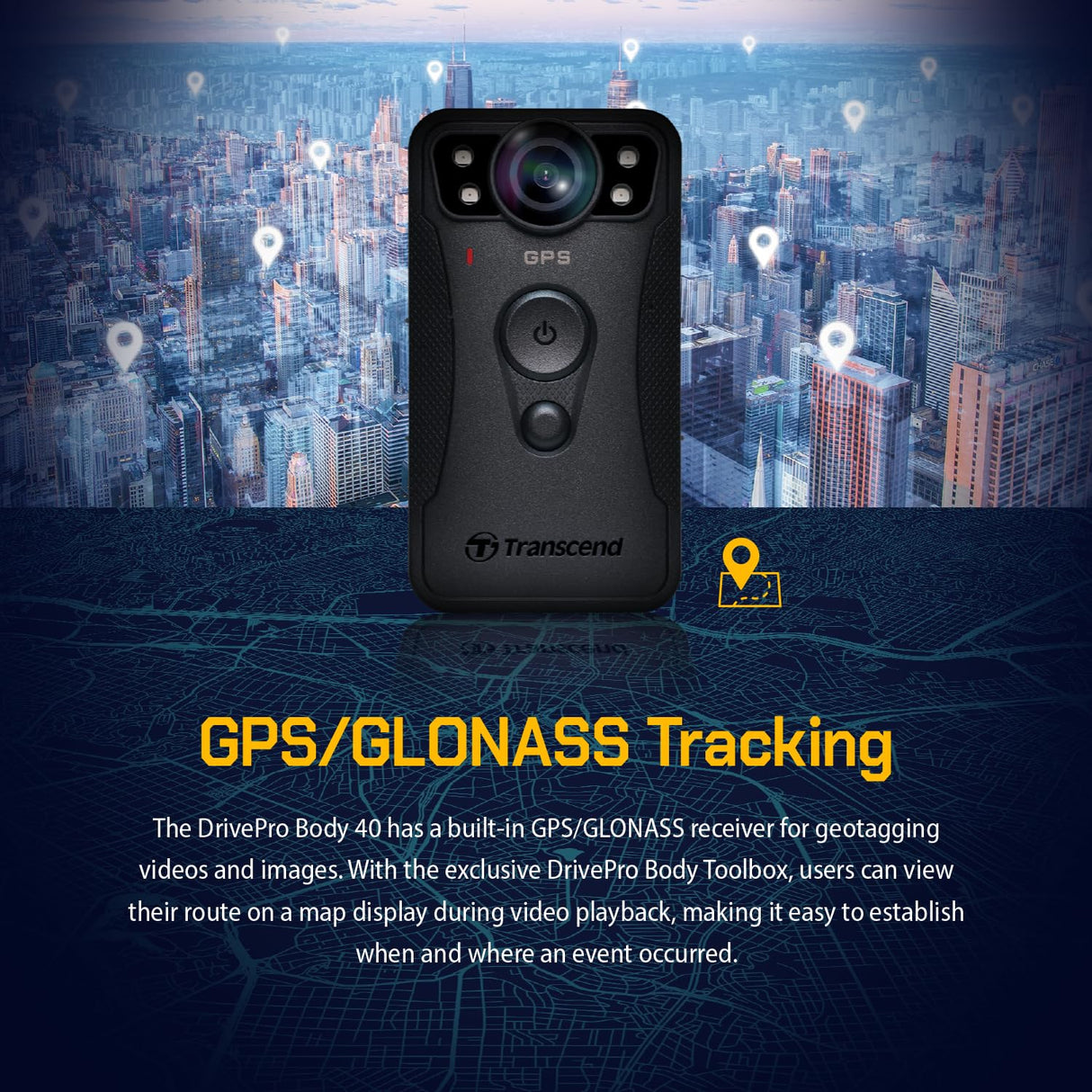 Transcend 128GB 1440P QHD Police Body Camera STARVIS 2 Sensor IP68 Weatherproof Body Worn Camera con estabilización de Imagen electrónica, visión Nocturna GPS TS128GDPB40A