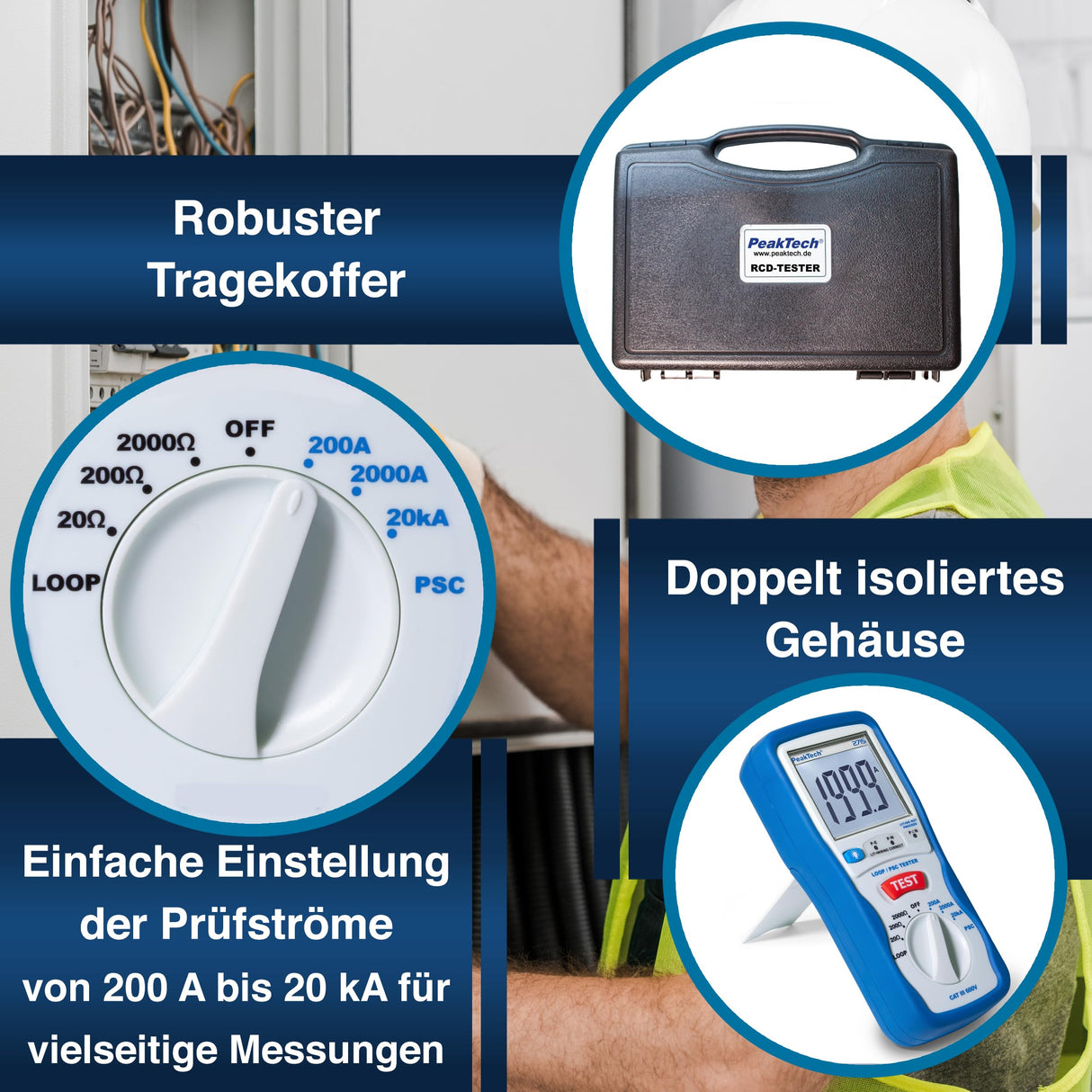 PeakTech 2715 – Probador digital de lazo PSC con pantalla LCD, probador para mediciones de impedancia, amperímetro de cortocircuito, fusible de circuito, carcasa aislada - CAT III 600 V