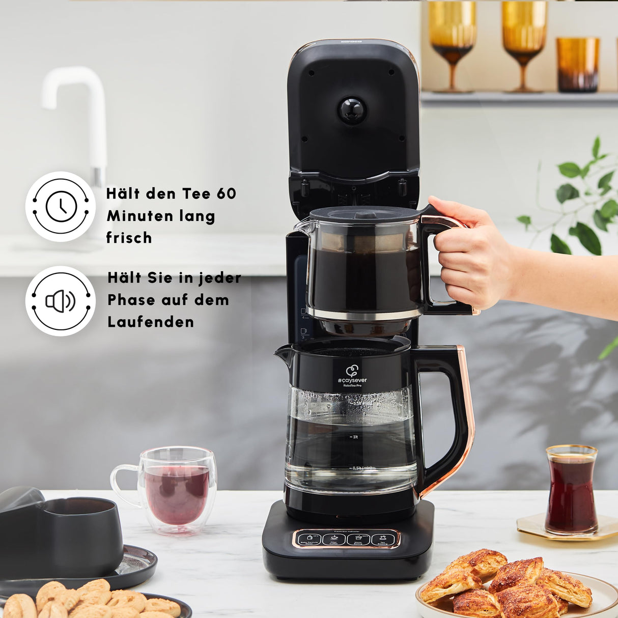 KARACA Robotea Pro Hervidor automático parlante 4 en 1 - Hervidor de agua y cafetera de filtro - 2500 W - Black Copper