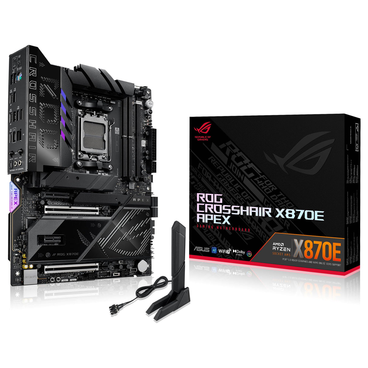 ASUS ROG Crosshair X870E Apex - Placa Base AMD ATX, 18+2+2 etapas de Potencia, Ranuras DDR5, PCIe 5.0 Compatible con GPU de próxima generación, Cinco Ranuras M.2, Wi-Fi 7, USB4, overclocking con IA