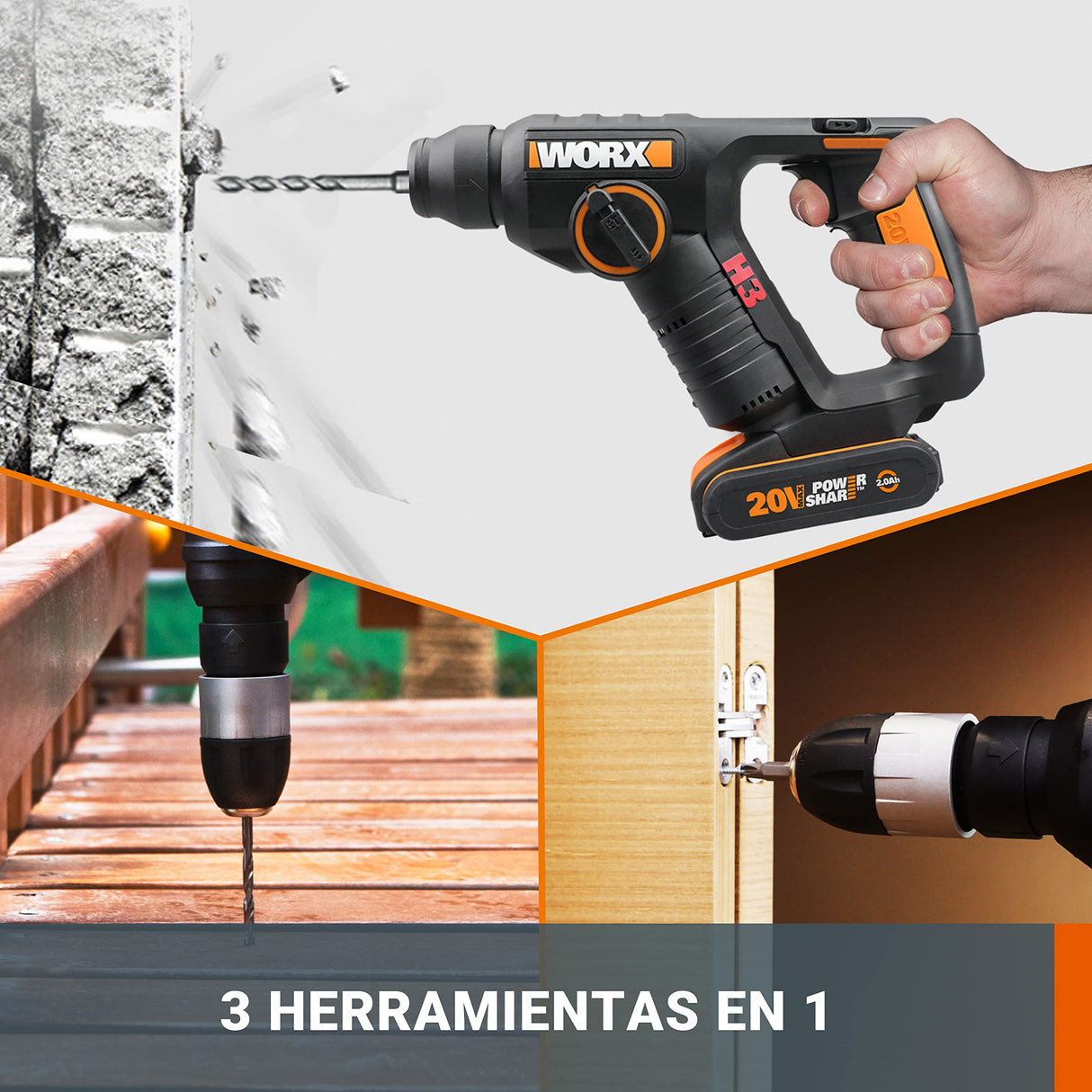 WORX WX394.6 H3 | Martillo sds-plus 20V | Función de taladro | Incluye 2 baterías de 2Ah, cargador y maletín | 3 Funciones | Ligero y compacto | Ideal para taladros en el techo