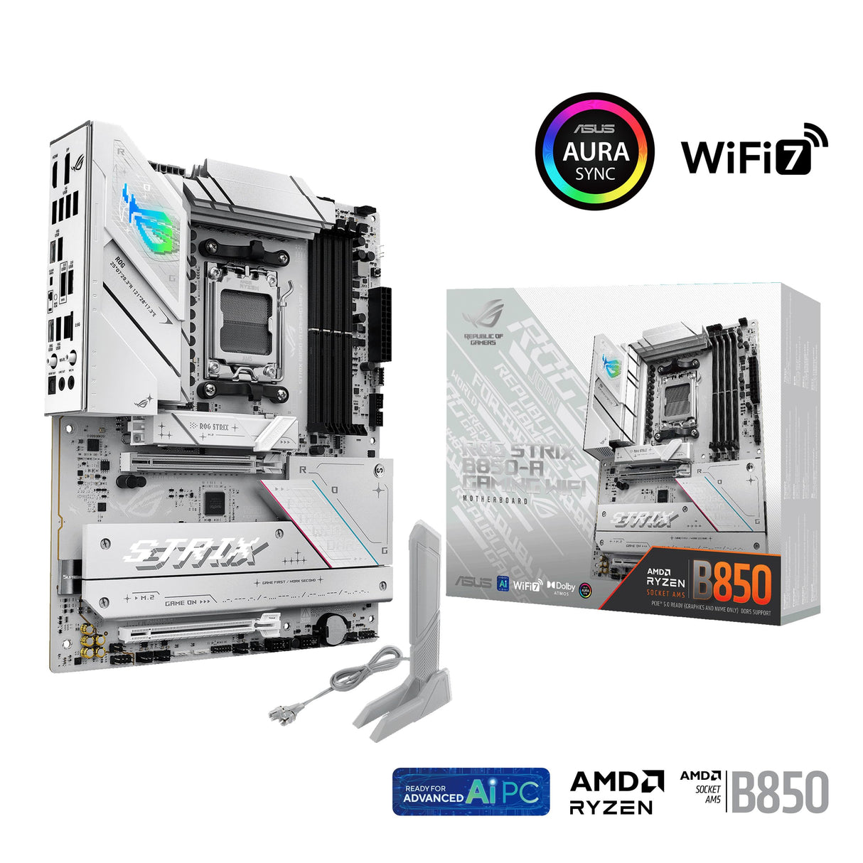ASUS ROG Strix B850-A Gaming WiFi - Placa Base AMD ATX, 14+2+2 etapas de Potencia, DDR5, Cuatro Ranuras M.2, PCIe 5.0, WiFi 7, USB Tipo-C 20 Gbps y Aura Sync RGB