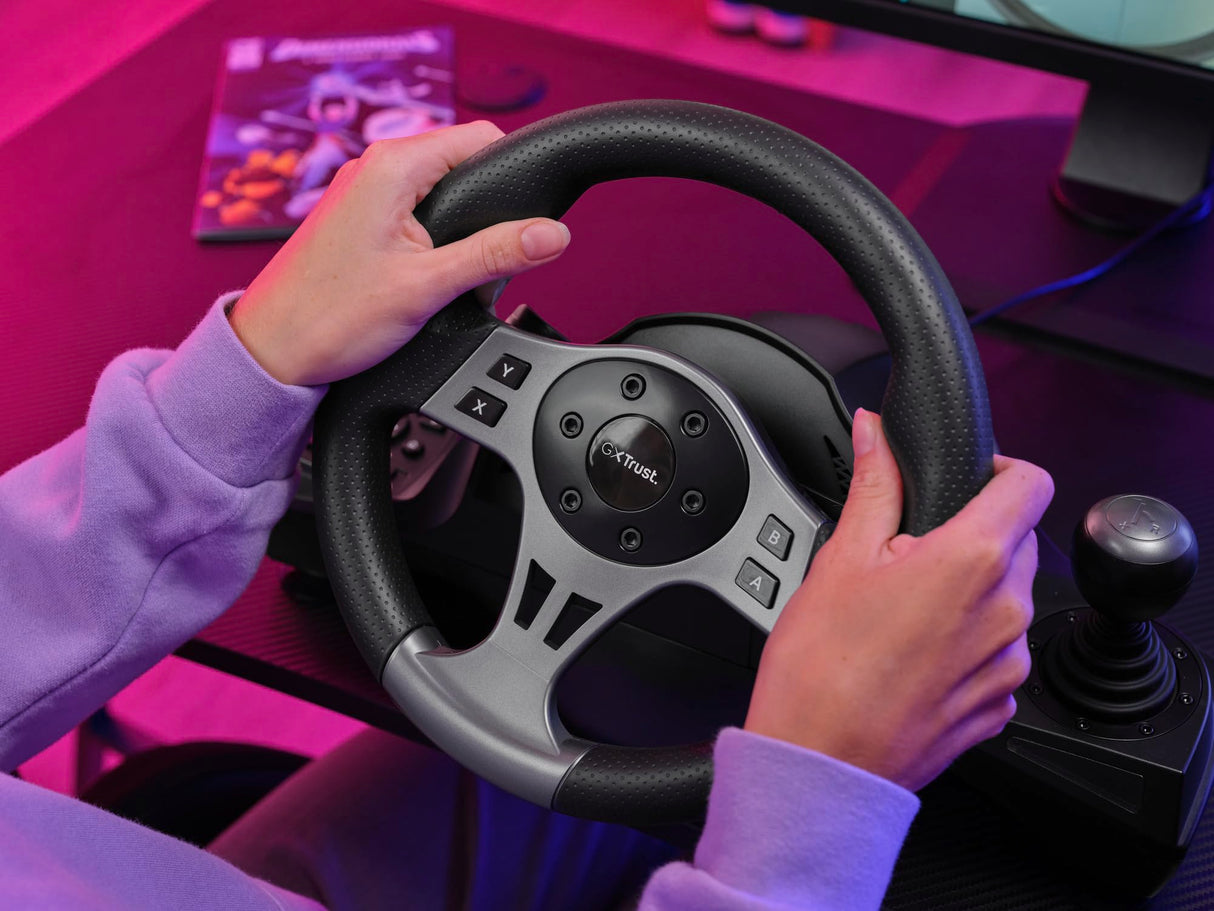 Trust GXT 289 Movi Volante de Carreras PC, Xbox Series X/S, PS4, Nintendo Switch, con Pedales, Levas de Cambio, Palanca de Cambios, Vibración, Racing/Farming Simulator / F1 / Gran Turismo