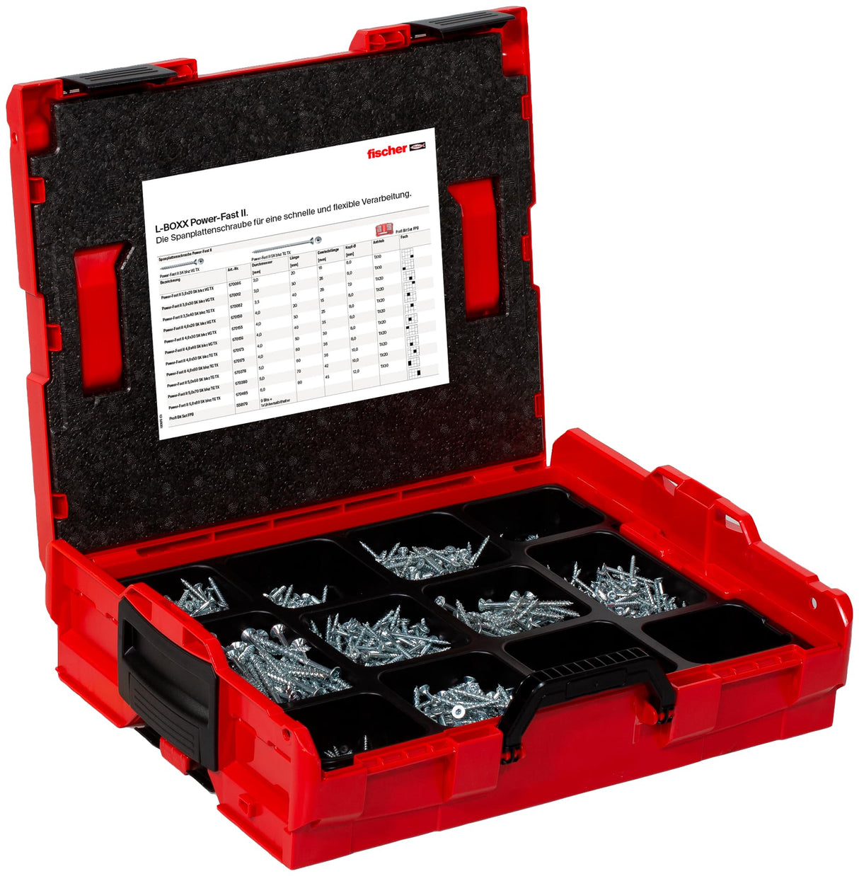 fischer L-Boxx PowerFast II, 1.800 tornillos PowerFast II para aglomerado en 11 dimensiones con rosca completa y parcial, para un procesamiento rápido y flexible, incluye juego ProfiBit