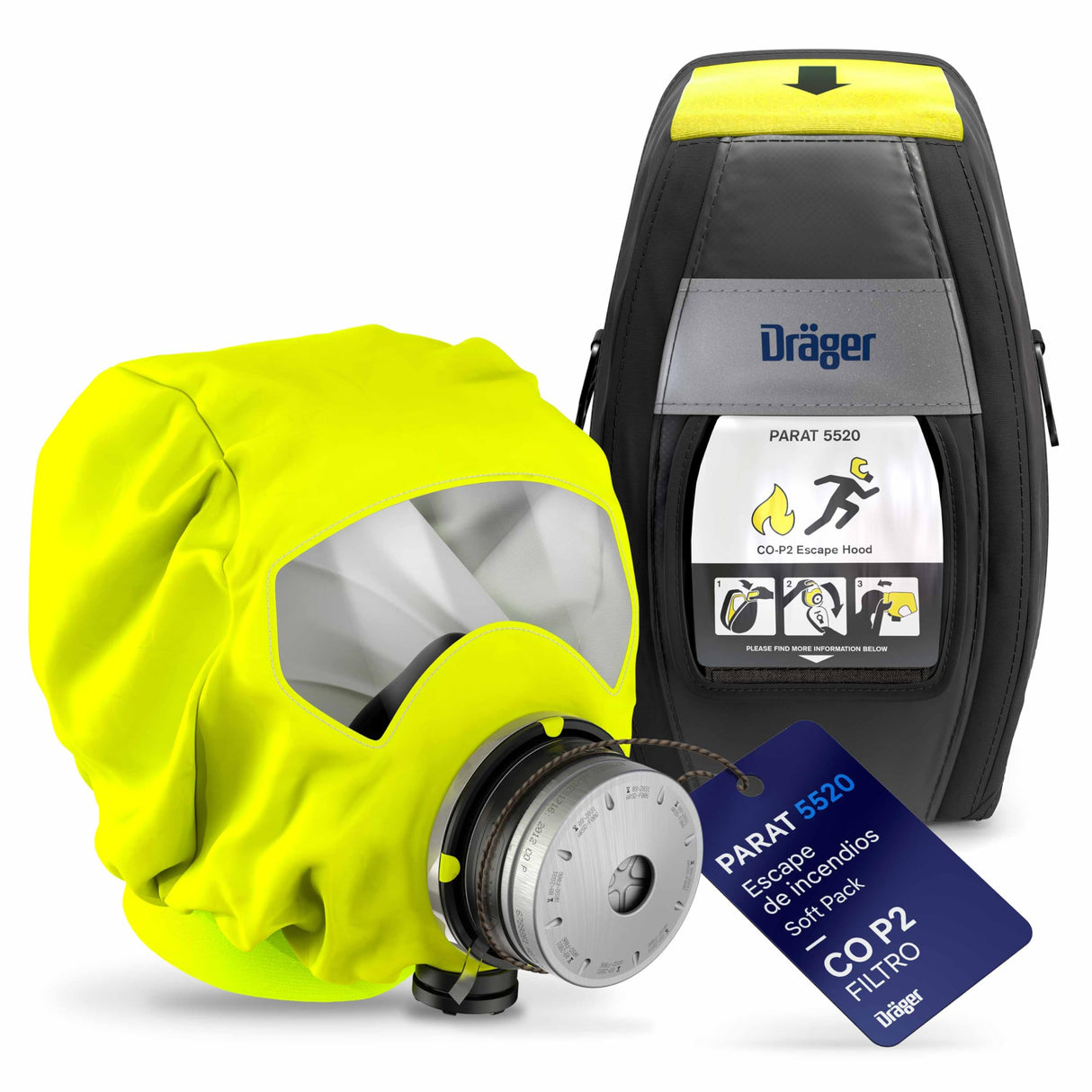 Dräger PARAT 5520 | Máscara respiratoria de Escape con Filtro CO P2 | Protección ergonómica contra Gases de Incendios, vapores y combustión | Estuche portátil