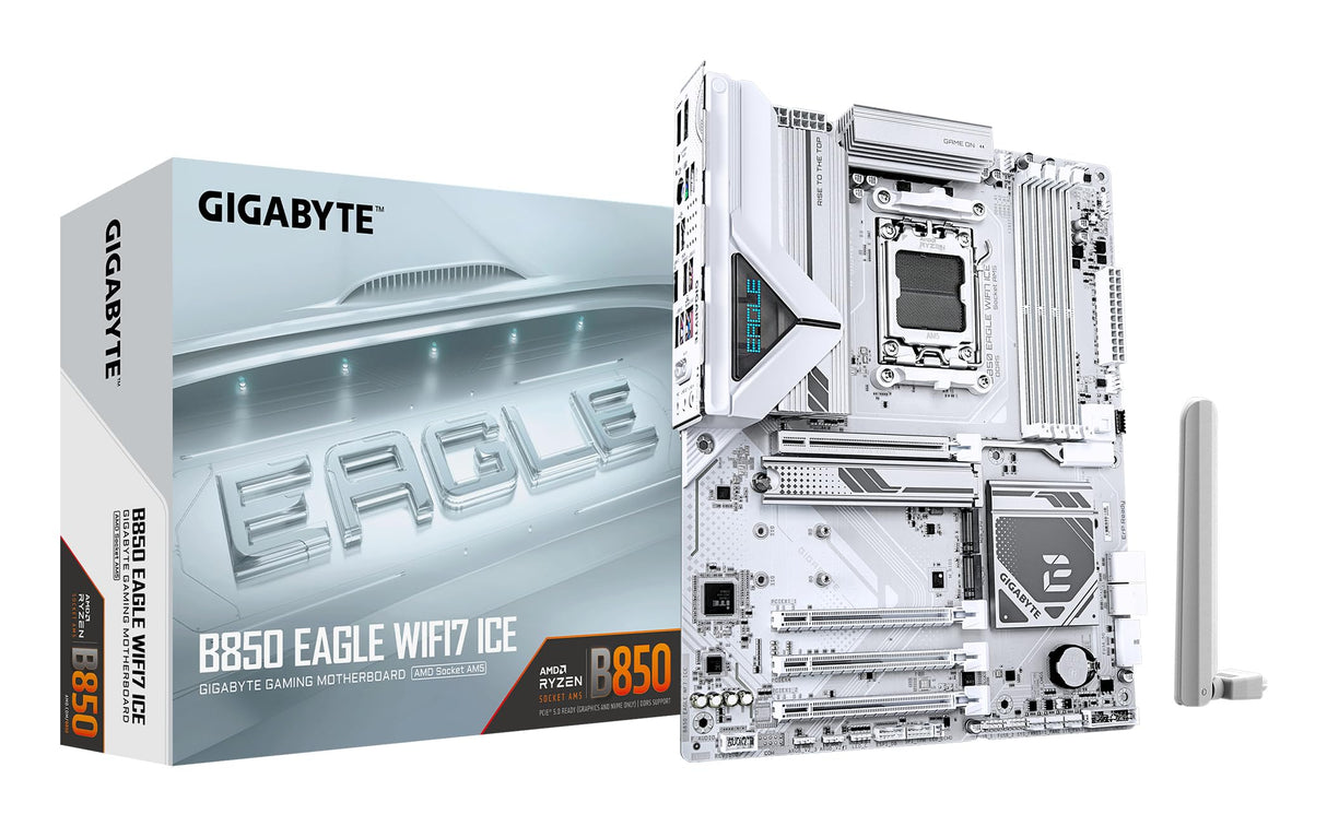 GIGABYTE B850 Eagle WIFI7 Ice Placa Base - Procesadores AMD Ryzen Serie 9000, VRM Digital de 8+2+2 Fases, hasta 8200 MHz DDR5 (O.C.), 1x M.2 PCIe 5.0 + 2X M.2 PCIe 4.0, Wi-Fi 7, LAN 2.5 GbE