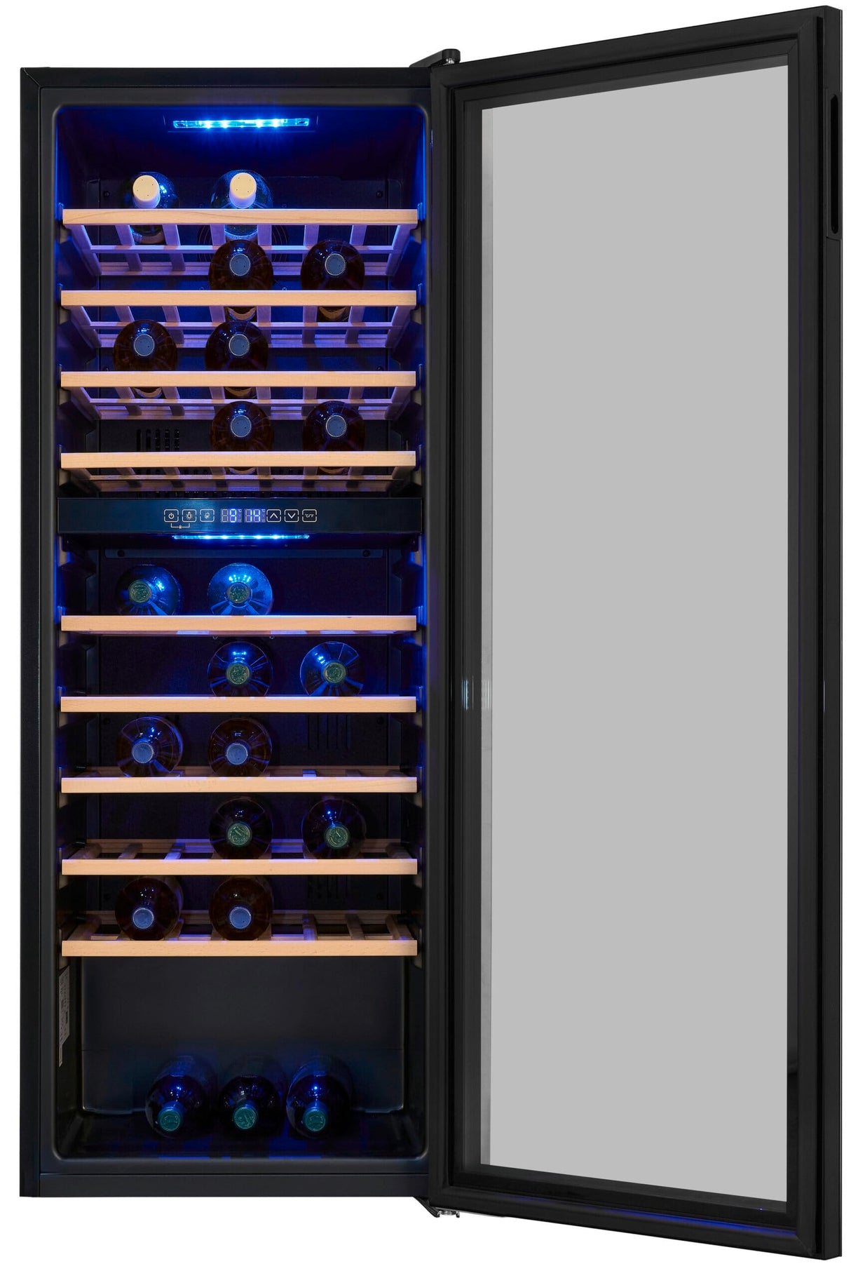 Exquisit® Vinoteca para 78 Botellas, 194L, Negro, Clase G, Doble Zona de Temperatura 5-20°C, Control Digital, Puerta de Cristal Reversible, Iluminación LED, 9 Estantes, Medidas (128,5 x 49 x 57,5 cm)