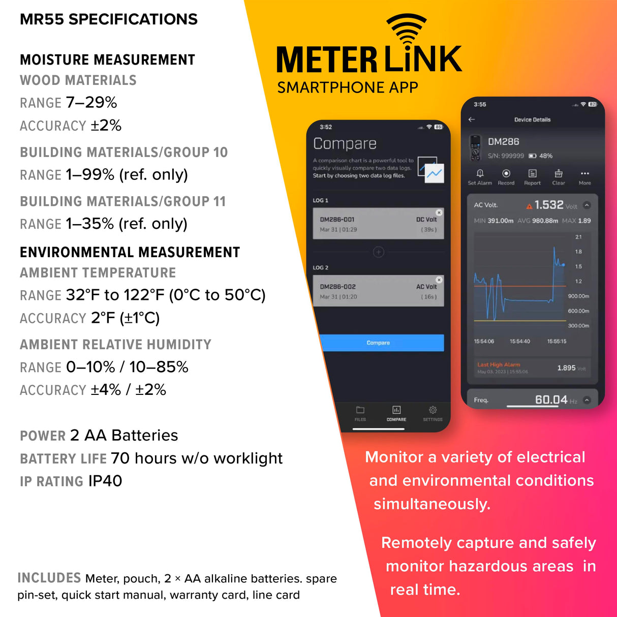 FLIR MR55 - Pin Moisture Meter with Bluetooth for Instant Data Sharing via the FLIR Tools® Mobile app.