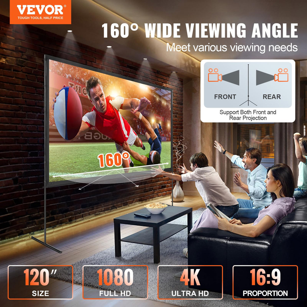 VEVOR Pantalla de Proyector de Pie 120" 16:9 HD Pantalla de Proyección Portátil de Doble Cara Antiarrugas Amplio Ángulo de Visión con Bolsa de Almacenamiento para Proyector de Vídeo de Cine en Casa