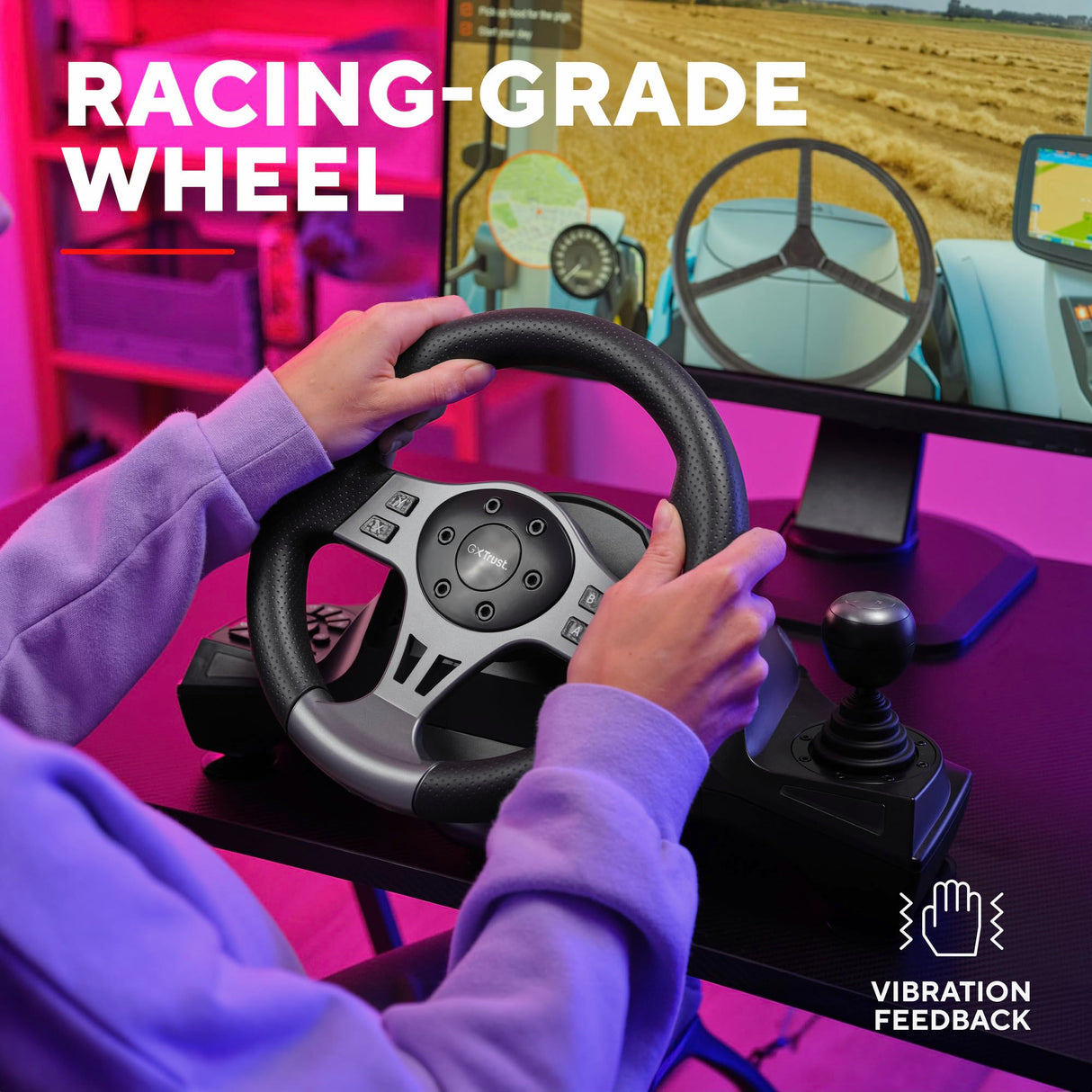 Trust GXT 289 Movi Volante de Carreras PC, Xbox Series X/S, PS4, Nintendo Switch, con Pedales, Levas de Cambio, Palanca de Cambios, Vibración, Racing/Farming Simulator / F1 / Gran Turismo