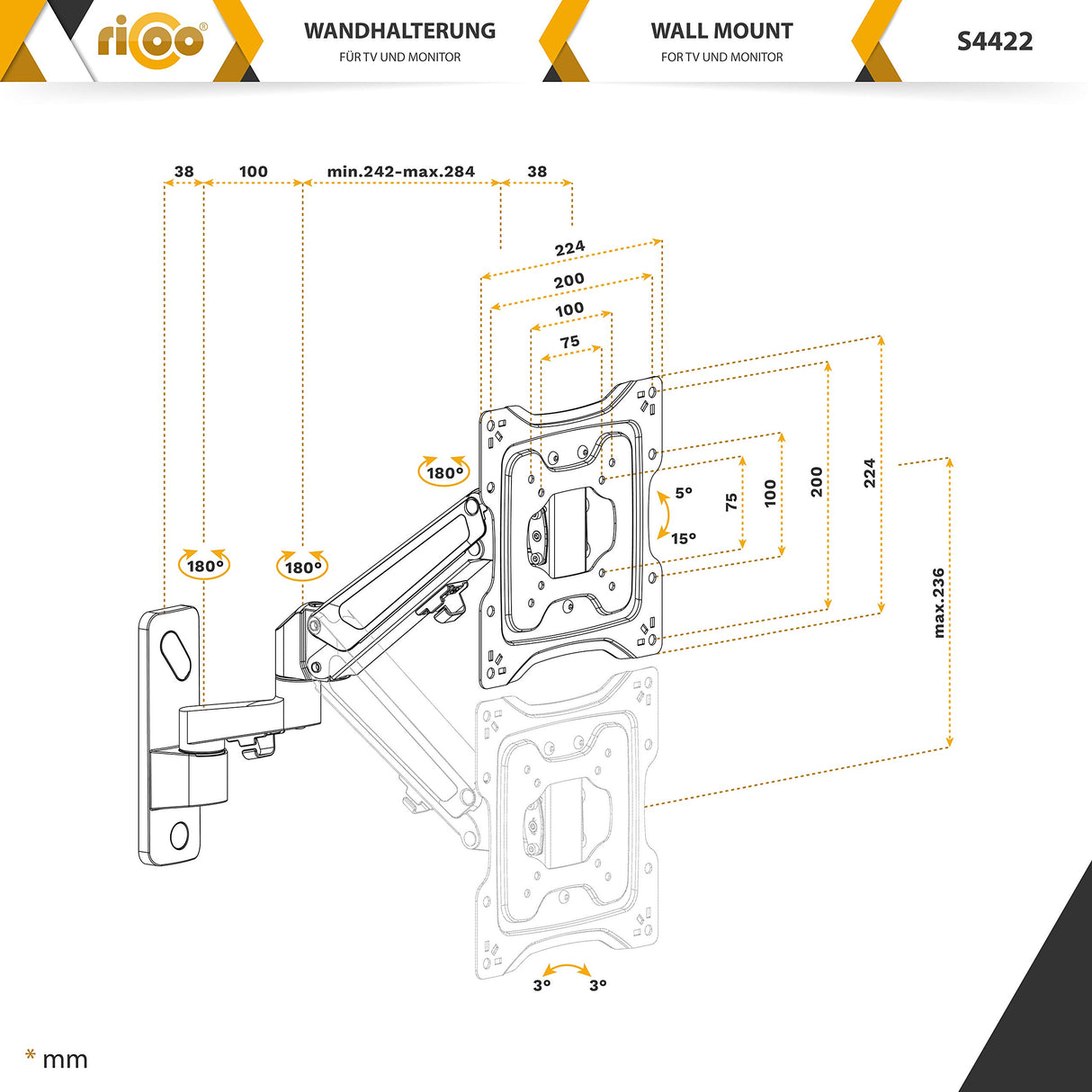 RICOO Soporte Monitor Pared Giratorio Inclinable Pantalla PC 23-43" (58-109cm) S4422 Brazo articulado Televisor LED LCD VESA 75x75-200x200