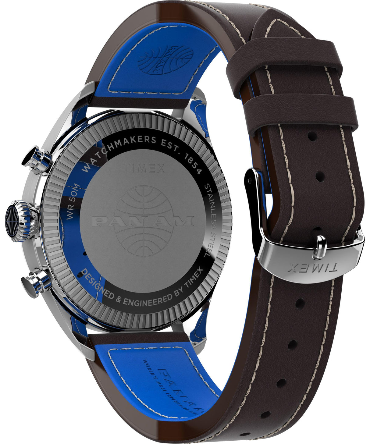 Timex Chronograph - Reloj de 42 mm para hombre, cuero marrón, esfera azul, caja de acero inoxidable TWG030000