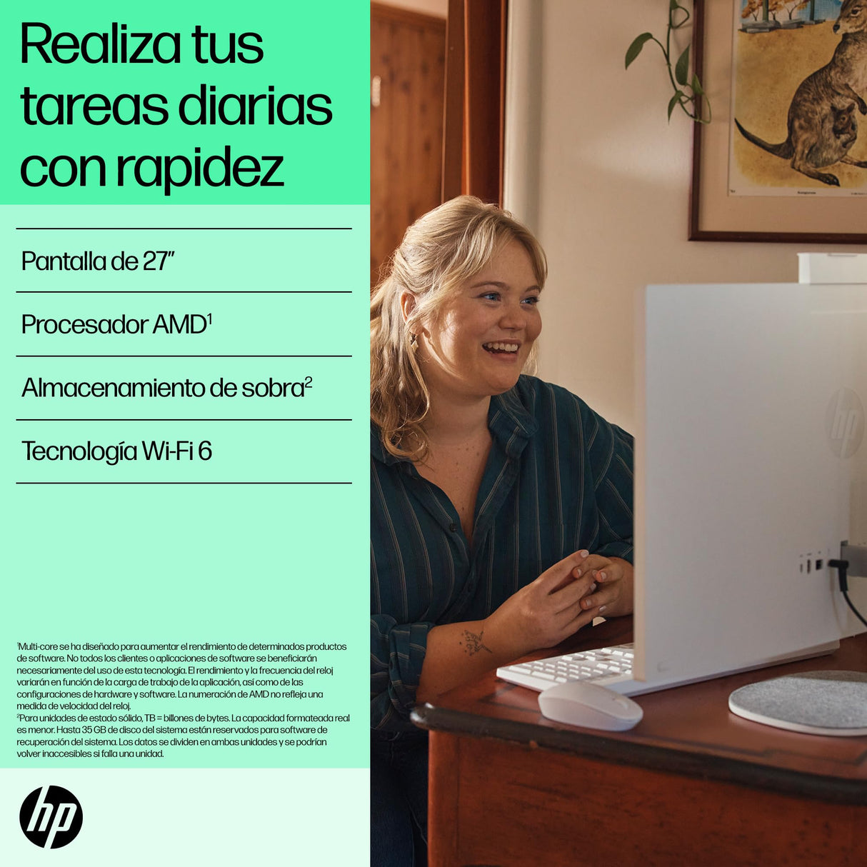 HP 27-cr0005ss - Ordenador de 27" Full HD Con Cámara, Teclado y Ratón Inalámbricos (AMD Ryzen 7 7730U, 16GB RAM, 1TB SSD, AMD Radeon Graphics, Windows 11) Blanco - Teclado QWERTY Español