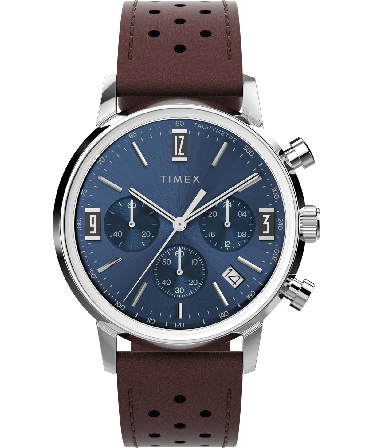 Timex Marlin Chronograph - Reloj de 40 mm para hombre, correa de liberación rápida de cuero marrón, esfera azul, caja de acero inoxidable TW2W10200