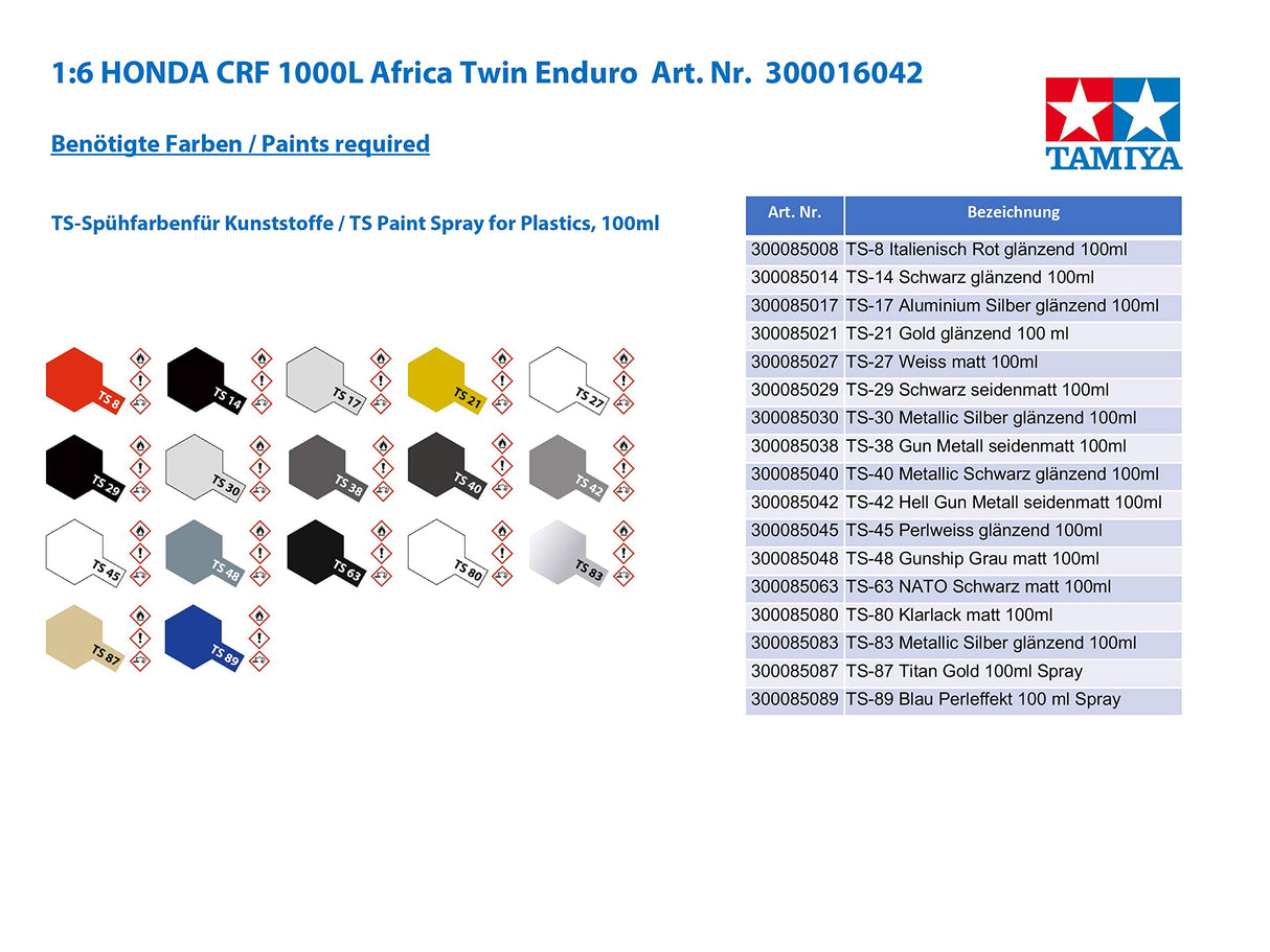 Tamiya 1:6 Honda CRF 1000L Africa Twin Enduro-modelkit, plástico, Kit para Montar, réplica Detallada, sin Pintar, Color Multi-colord (16042)