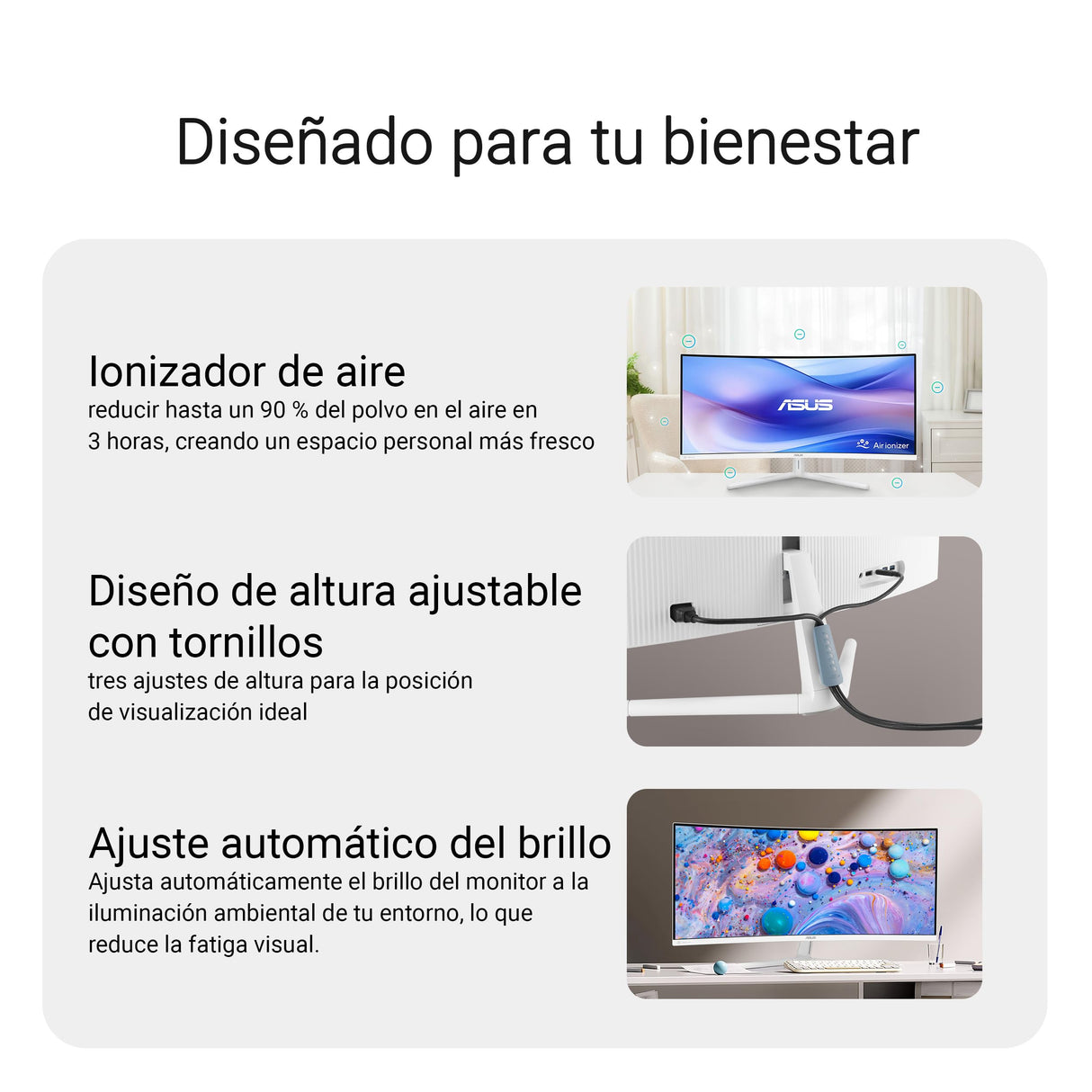 ASUS VU34WCIP-W Monitor Eye-Care WQHD de 34 Pulgadas, 3440x1440, curvatura 1500R, sin Marco, 100 Hz, ionizador de Aire, SmoothMotion, Eye Care Plus, USB-C PD 65 W, Altavoces, sostenibilidad óptima