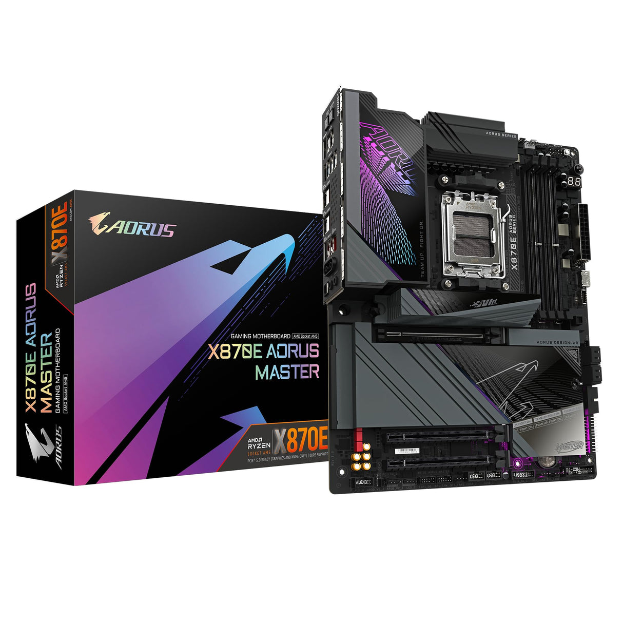 GIGABYTE Placa Base X870E AORUS Master - Compatible con CPUs AMD Ryzen 9000, VRM Digital de 16+2+2 Fases, hasta 8600MHz DDR5 (OC), 3xPCIe 5.0, Wi-Fi 7, LAN 5GbE, USB 4