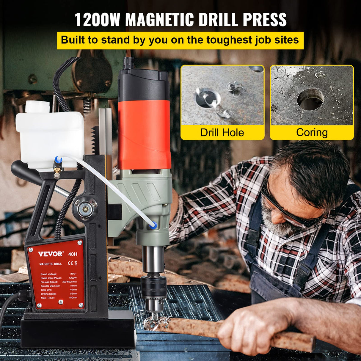 Vevor Taladro Magnético 1200W 1,57" Taladro de Base Magnética Núcleo Magnético Taladradora Magnético Profesional Taladro Magnético con Conexión al Cuello Fuerza Máxima Taladro Electromagnético