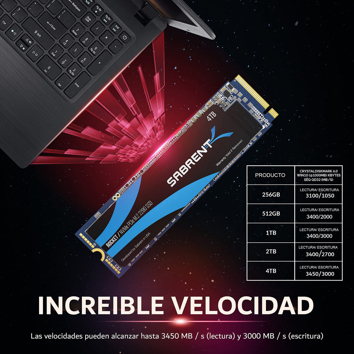 SABRENT SSD 4TB, M.2 SSD 4TB, NVMe 4TB PCIe M.2 2280, Velocidades internas de SSD de hasta 3450 MB/s, Rendimiento Extremo, Distribuidor Autorizado 5 años de garantía (SB-ROCKET-4TB)