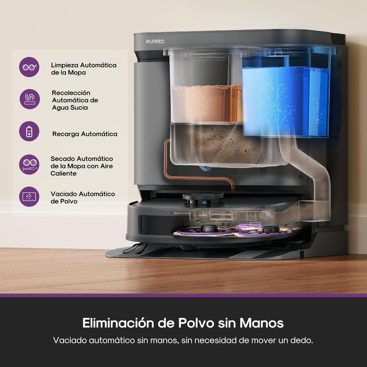 Eureka J15 EVO Ultra Robot Aspirador y Fregasuelos 22KPa con Base Multifuncional, Autovaciado & Autolimpieza, Cepillo Antienredo, Secado Aire Caliente Mopas, Limpieza de Alfombras Versátil