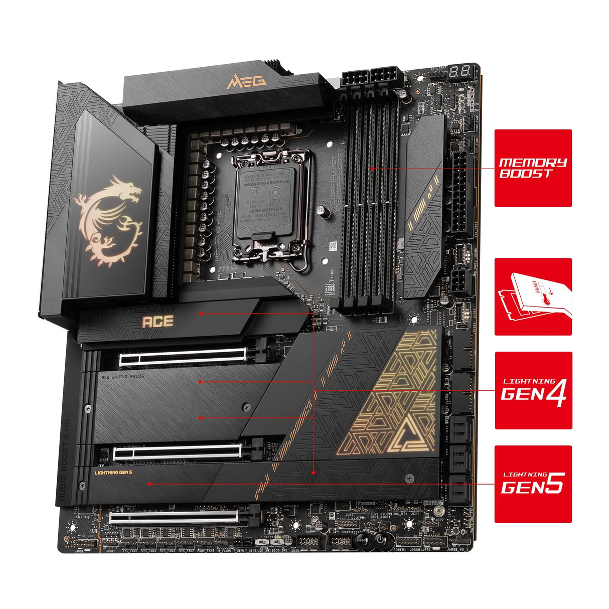 MSI MEG Z790 ACE Placa base E-ATX - Soporta procesadores Intel de 12ª y 13ª generación, LGA 1700 - 105A SPS VRM, DDR5 7800+MHz/OC, PCIe 5.0 y 4.0 x16, M.2 Gen5, LAN dual 2.5G, Wi-Fi 6E, Thunderbolt 4