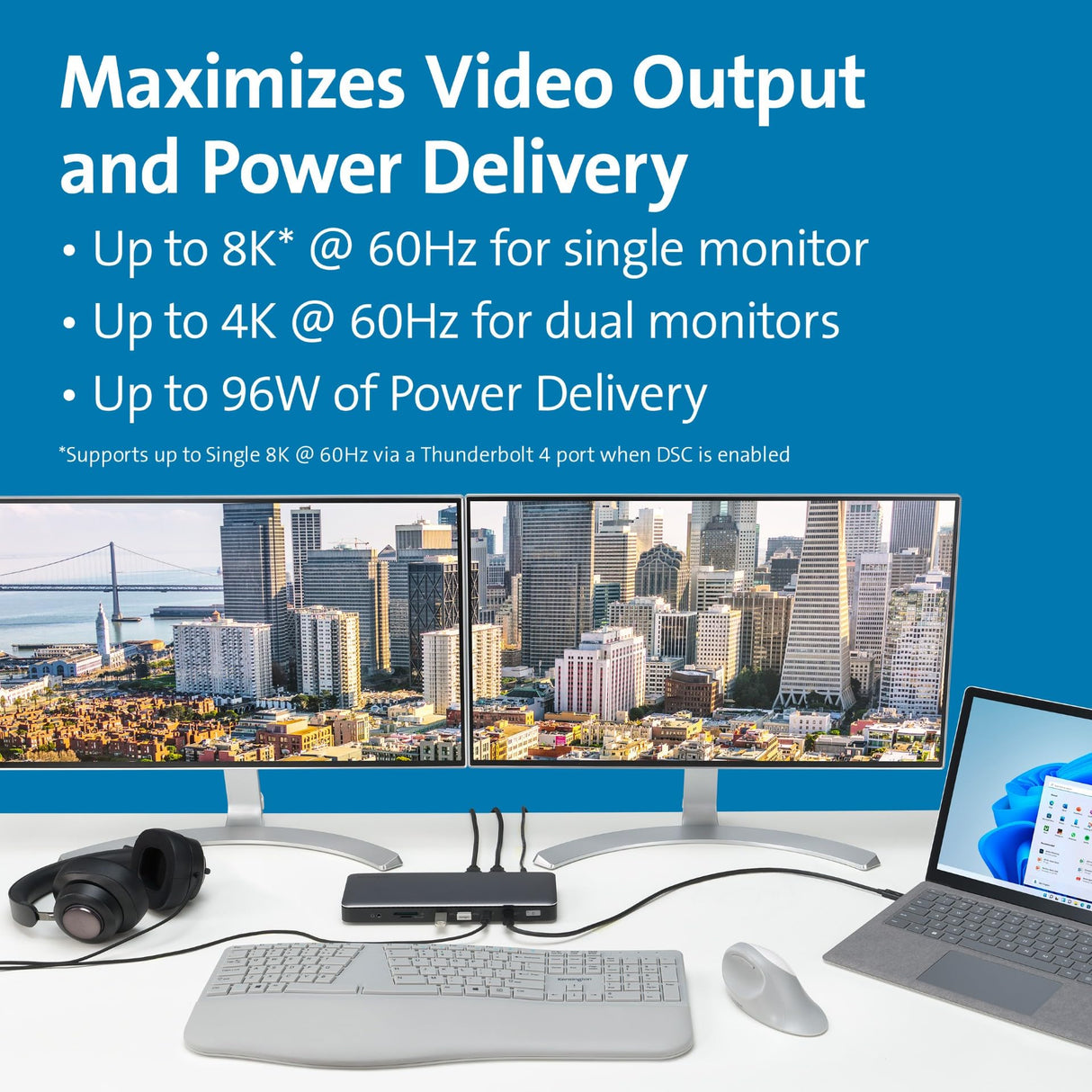 Kensington K34110EU - Adaptador SD5760T Multipuerto Thunderbolt 4, Doble Monitor 8K/4K, Lector de Tarjetas Micro SD, 96W, 2X HDMI, Ethernet, USB-C 3.2 y 4X USB-A