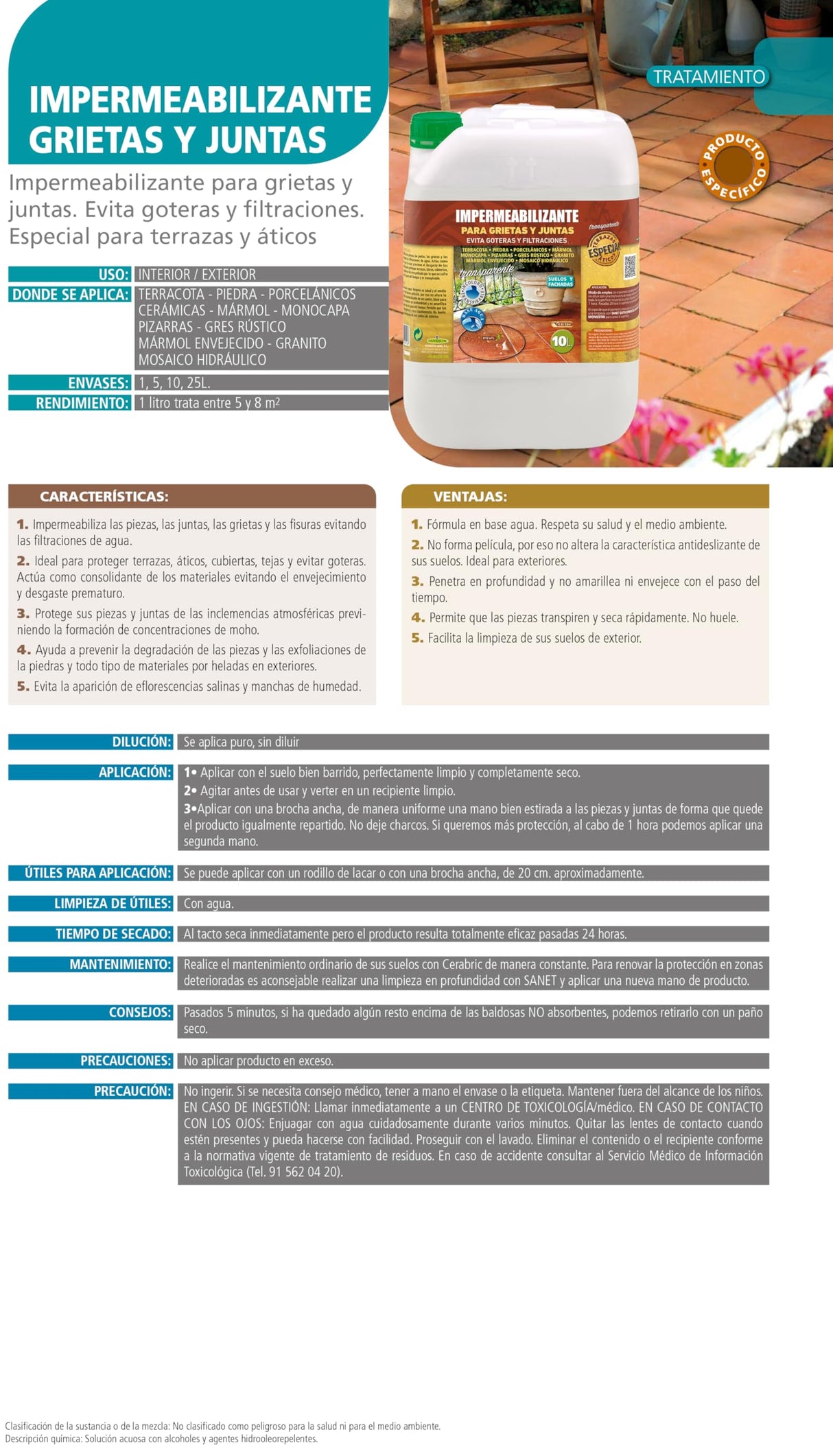 MONESTIR Impermeabilizante para Grietas y Juntas, Terrazas y Áticos, Suelo y Pared 10L