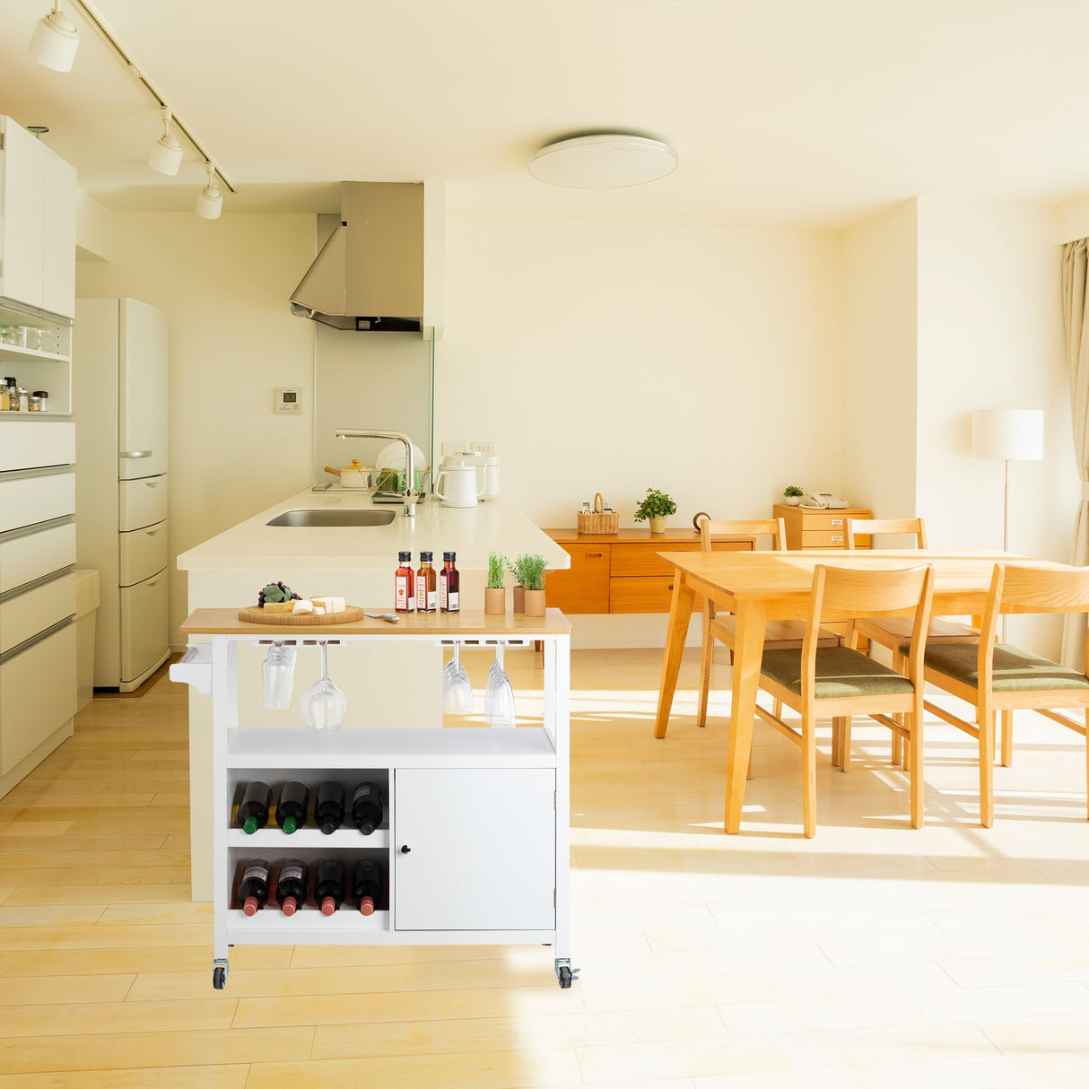 Relaxdays Carrito Auxiliar de Cocina, Botellero, Portacopas, con Puerta, Toallero, 83x92x40 cm, Bambú, Blanco/Natural, Nailon, Tablero de Fibras