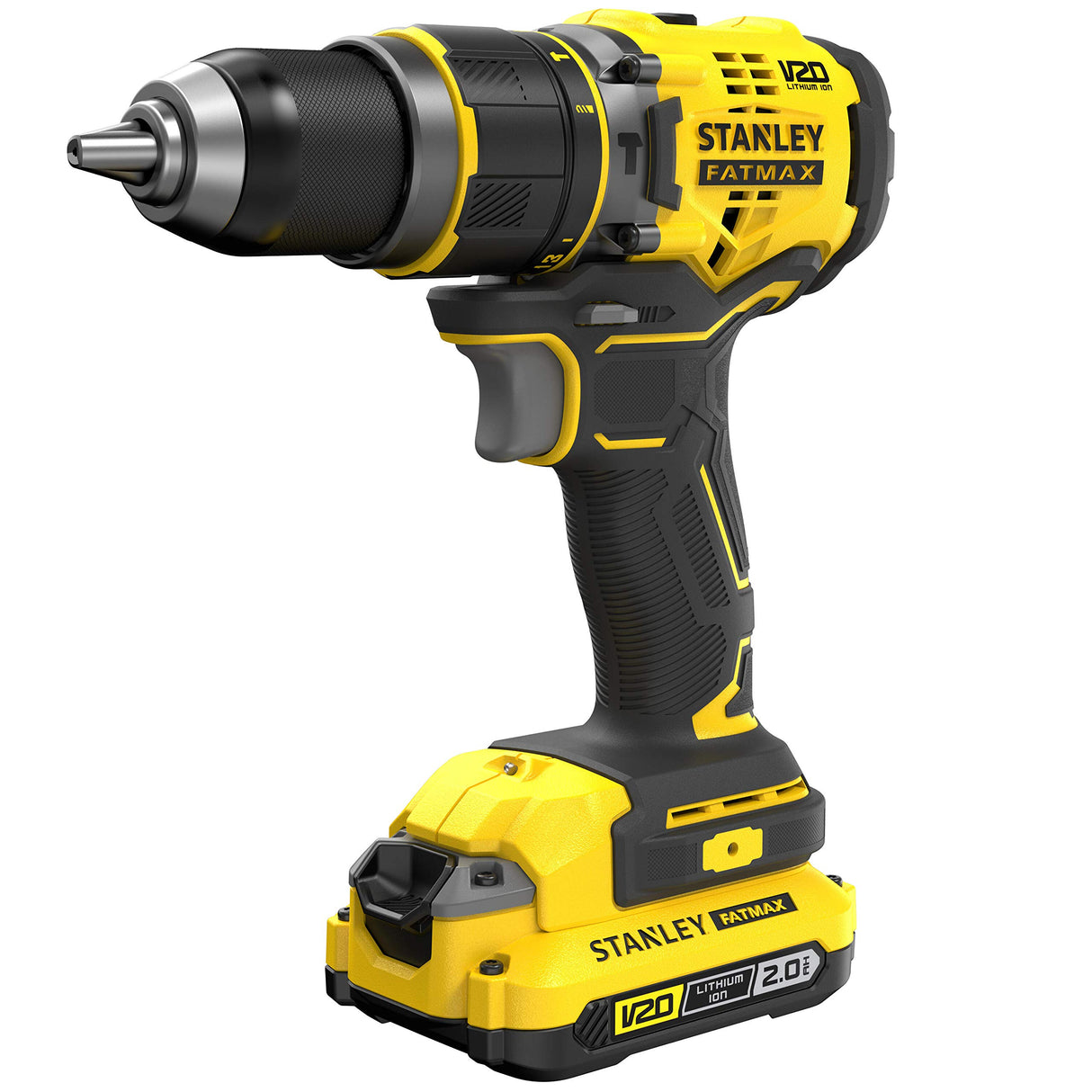 STANLEY FATMAX Taladro Percutor Sin Cable V20 (18V), Motor Sin Escobillas, 80Nm, 2 Baterías 2Ah, Cargador, Maletín, Portabrocas Metálico 13mm, 14 Posiciones de Par, SFMCD721D2K-QW