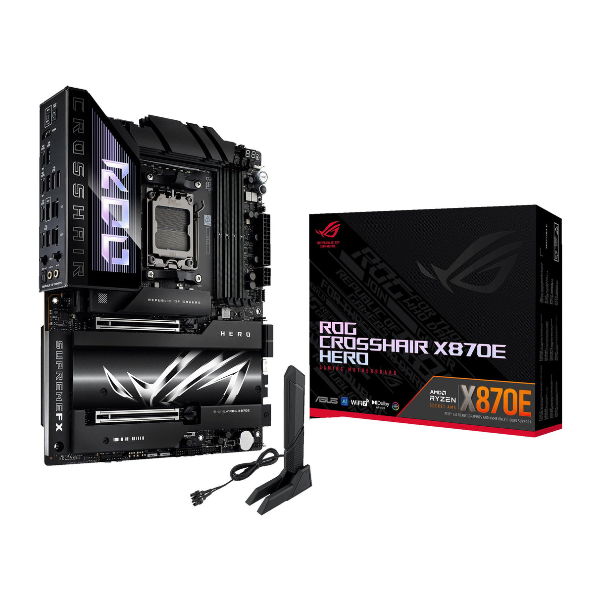 ASUS ROG Crosshair X870E Hero - Placa Base AMD ATX, 18+2+2 etapas de Potencia, DDR5, PCIe 5.0 Compatible con GPU de última generación, Cinco M.2, Wi-Fi 7, USB4, AI Overclocking